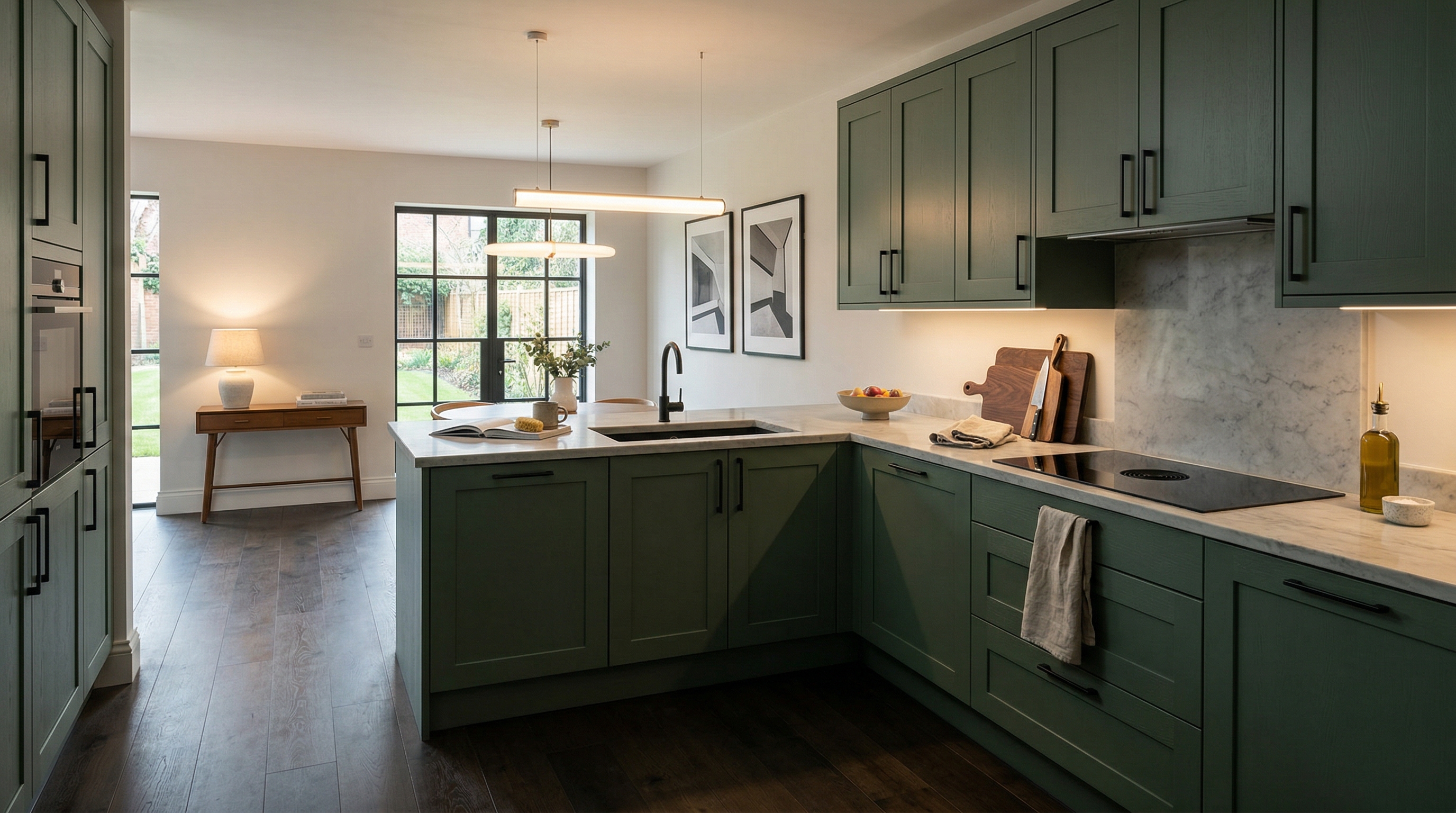 hero_1200x675 Wide view of a newly completed bespoke Mastercraft kitchen, timber veneer slab-door cabinetry in parisian blue tones