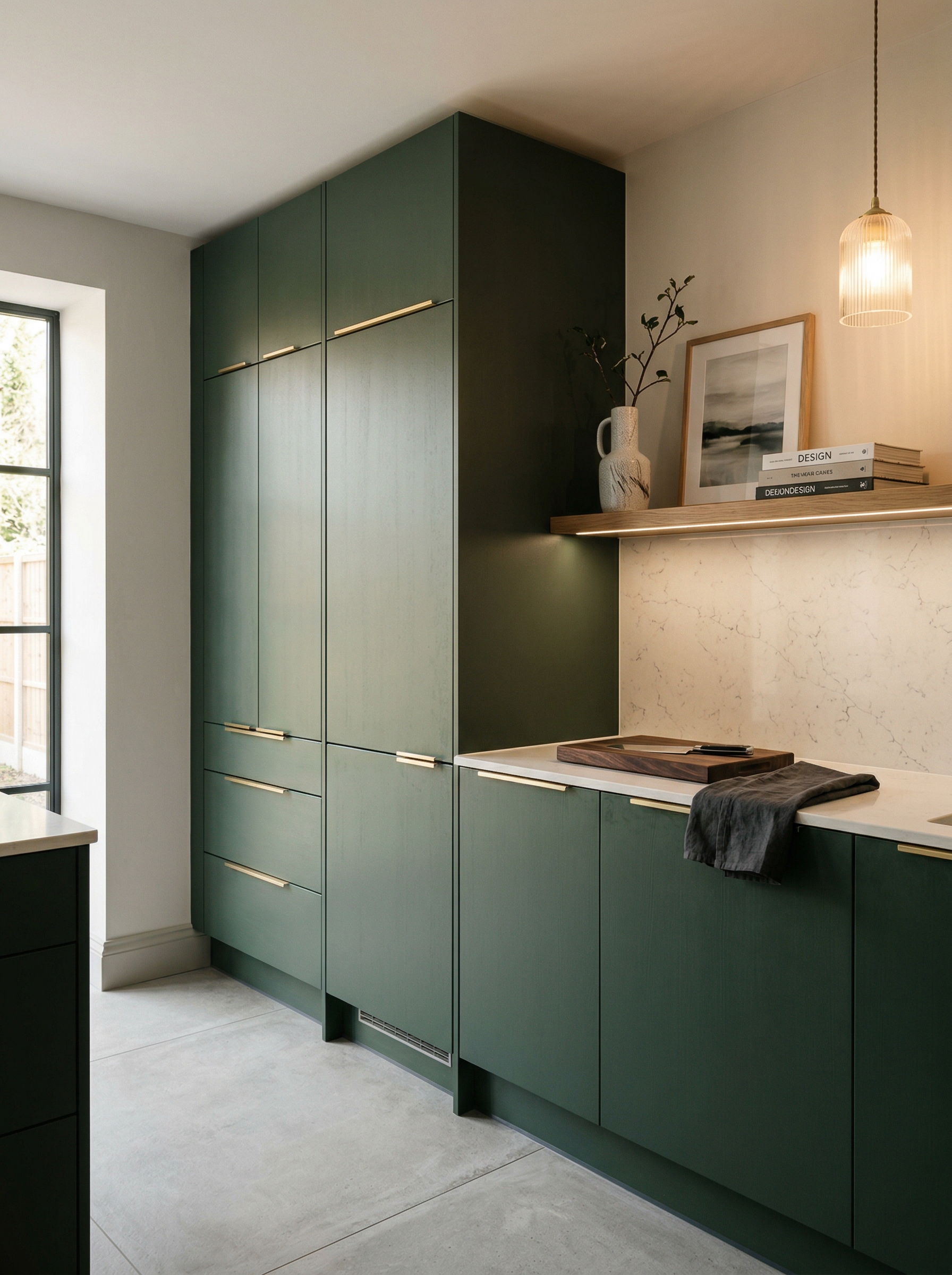 Tall view of full-height bespoke kitchen cabinetry, timber veneer slab-door cabinetry
