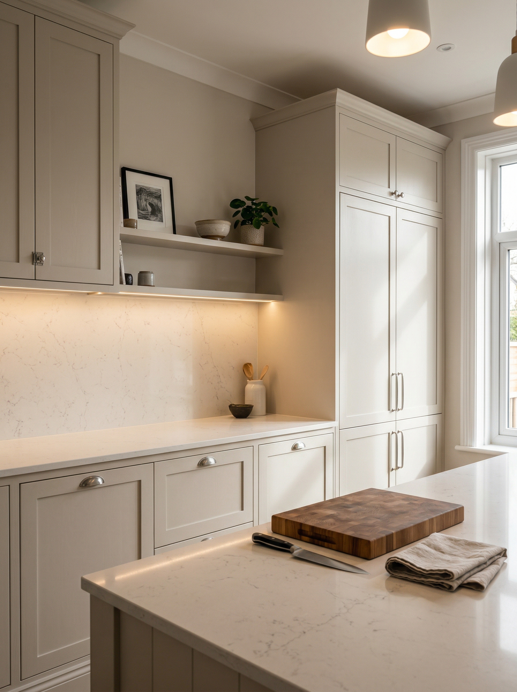 Tall view of full-height bespoke kitchen cabinetry, modern shaker cabinetry