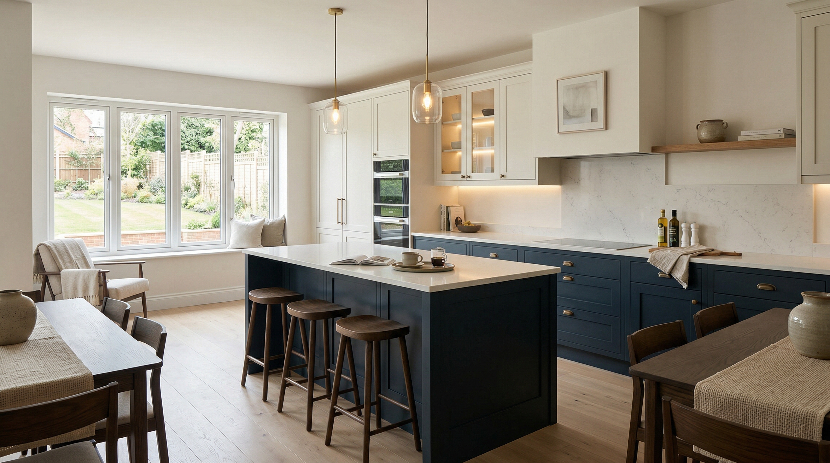 hero_1200x675 Wide view of a newly completed bespoke Mastercraft kitchen, matt painted handleless slab cabinetry in brilliant white tones