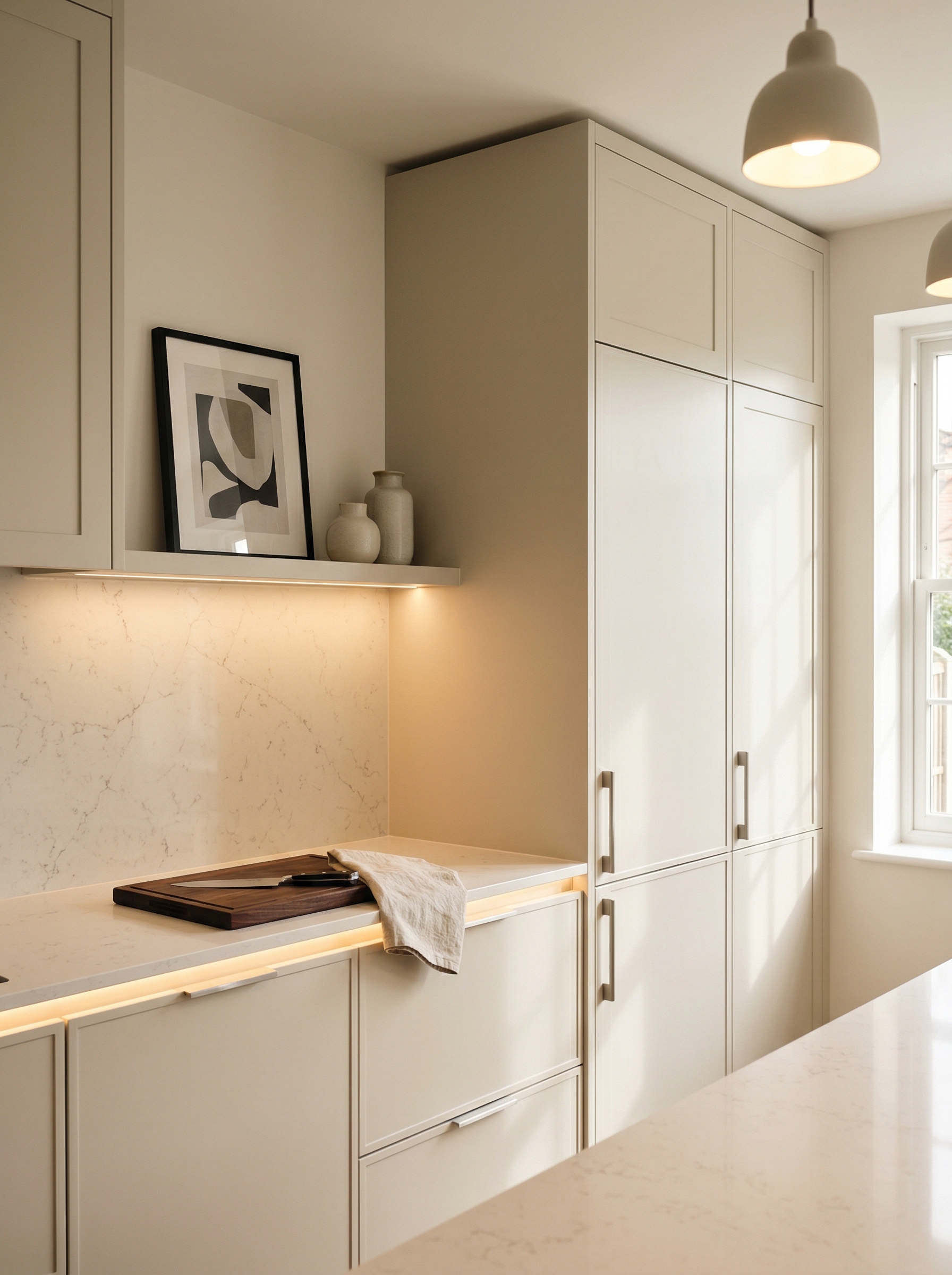 Tall view of full-height bespoke kitchen cabinetry, matt painted handleless slab cabinetry