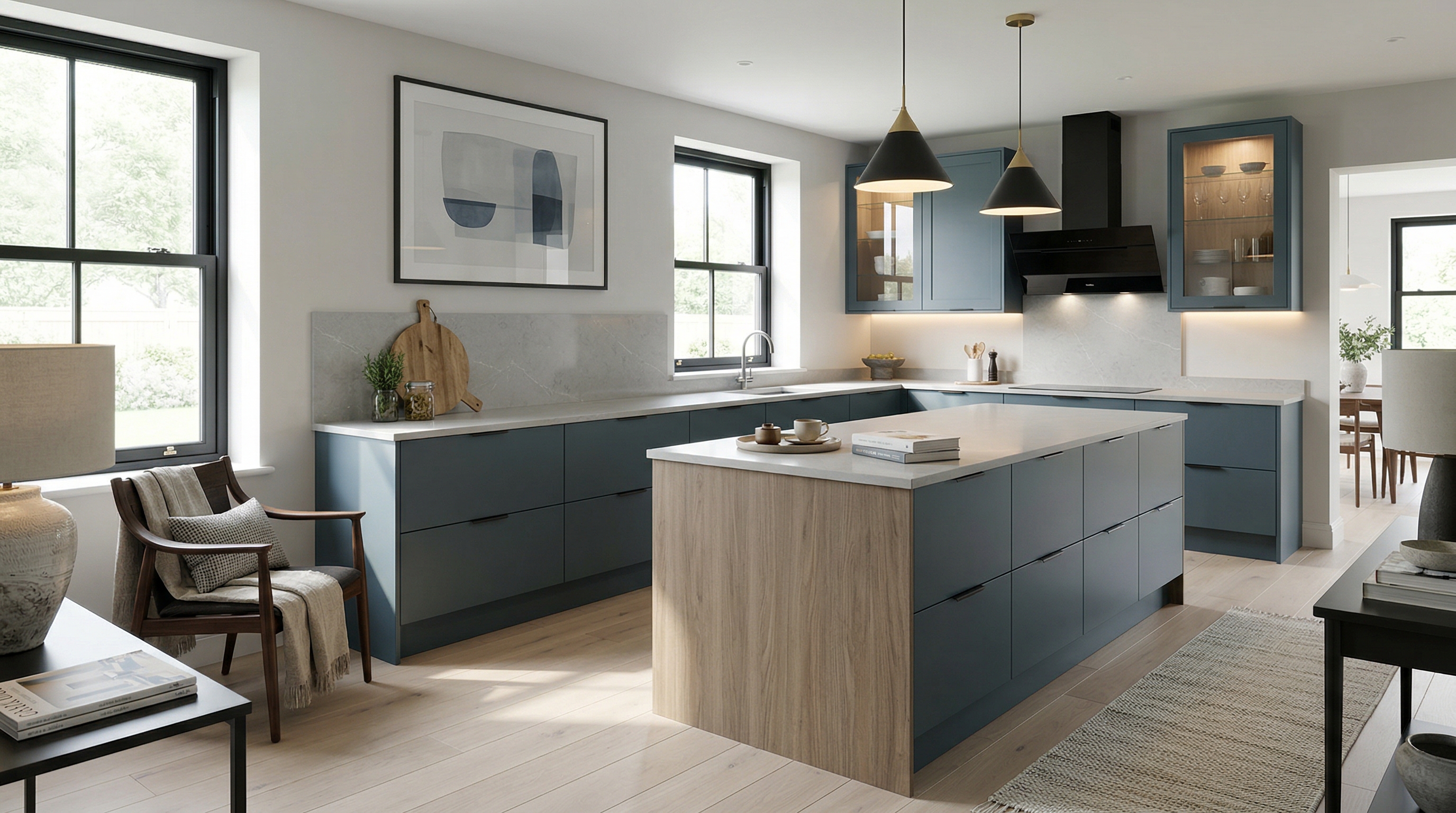 Wide view of a newly completed bespoke Mastercraft kitchen, timber veneer slab-door cabinetry in sage green tones