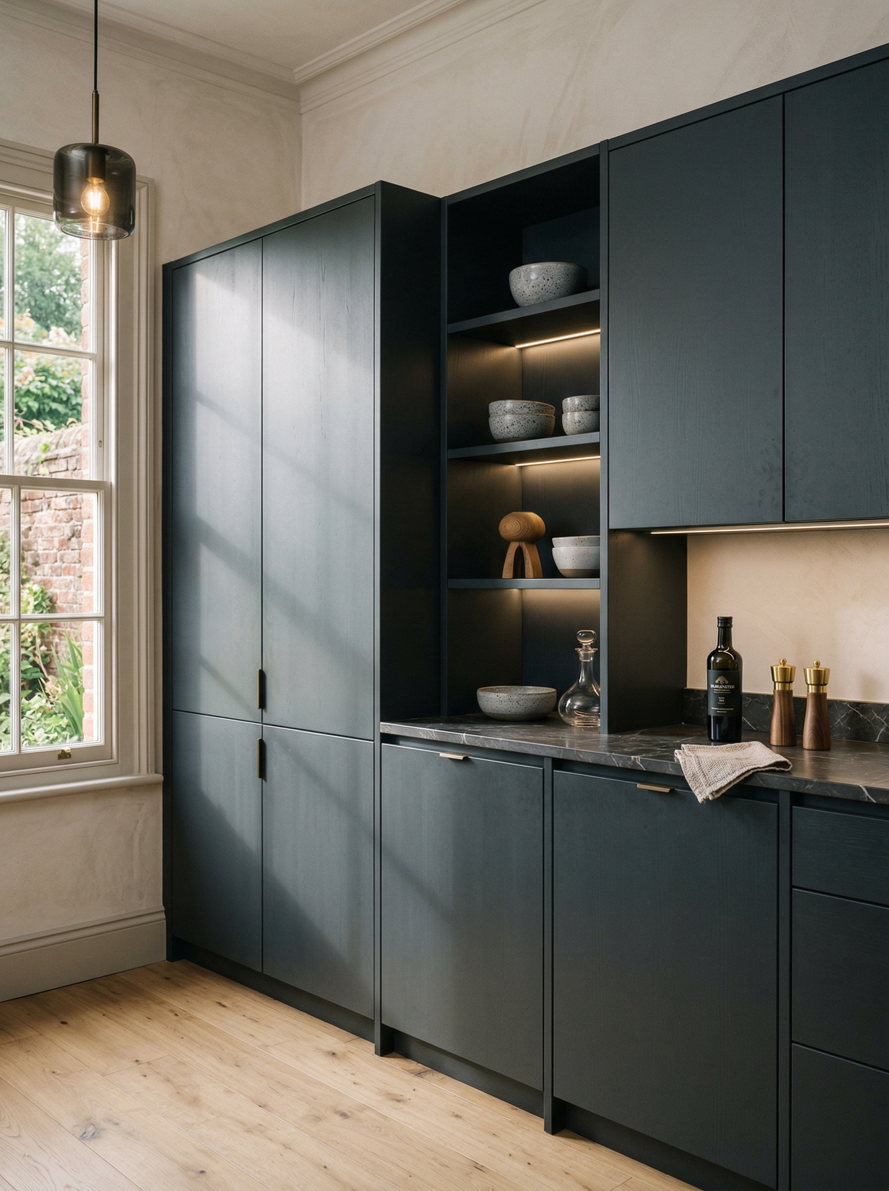 Bespoke kitchen installation, full-height cabinetry and considered storage design