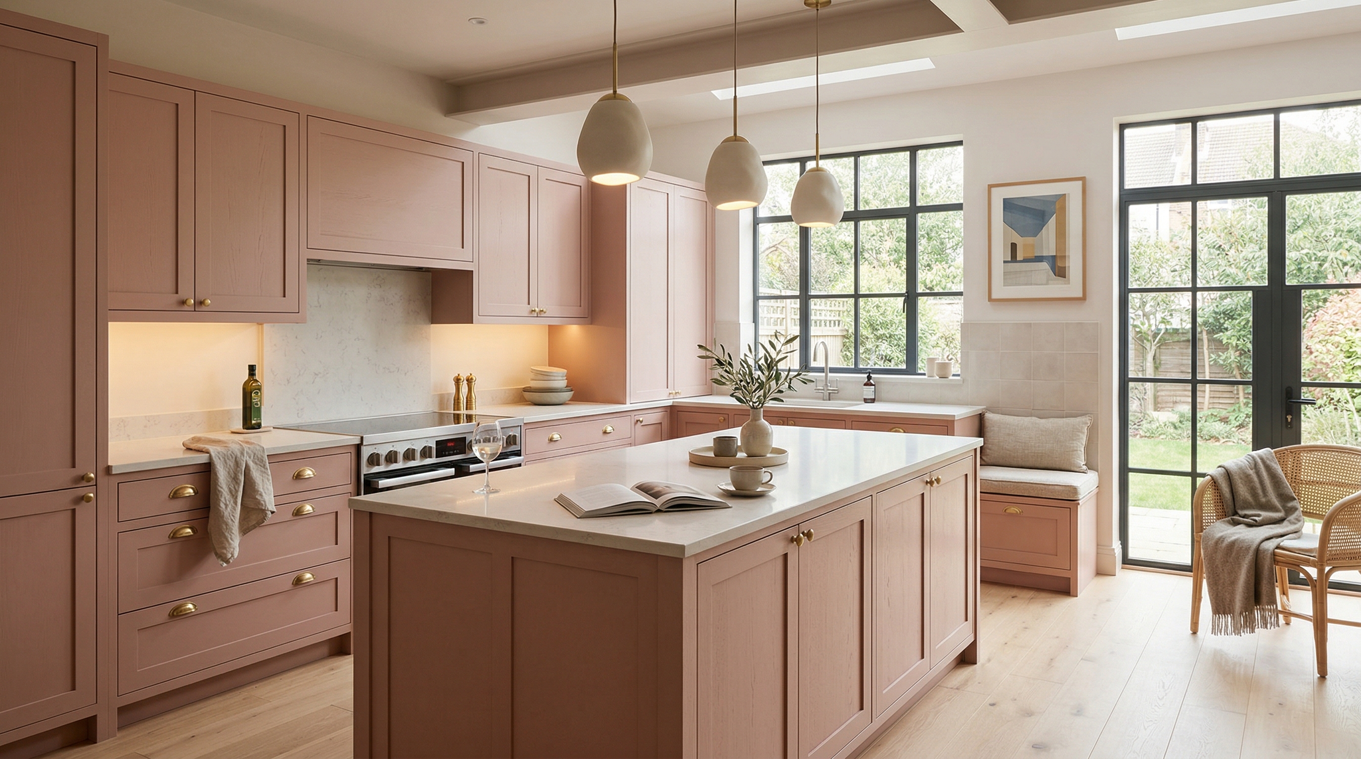 hero_1200x675 Wide view of a newly completed bespoke Mastercraft kitchen, contemporary painted lay-on cabinetry in heritage green tones