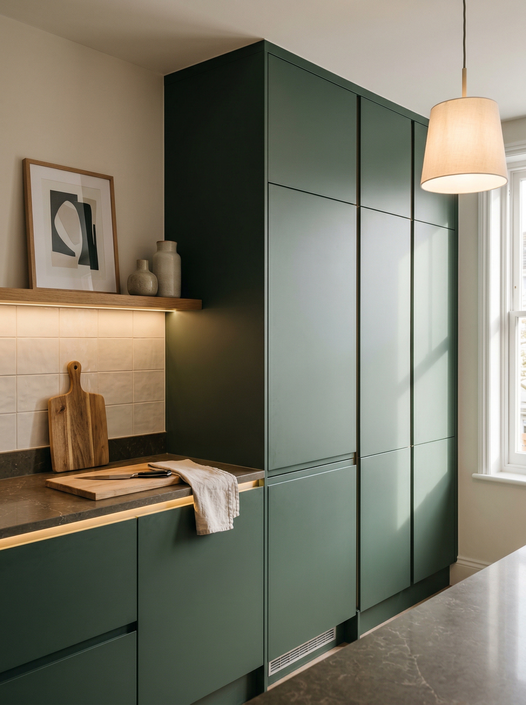 Tall view of full-height bespoke kitchen cabinetry, contemporary painted lay-on cabinetry