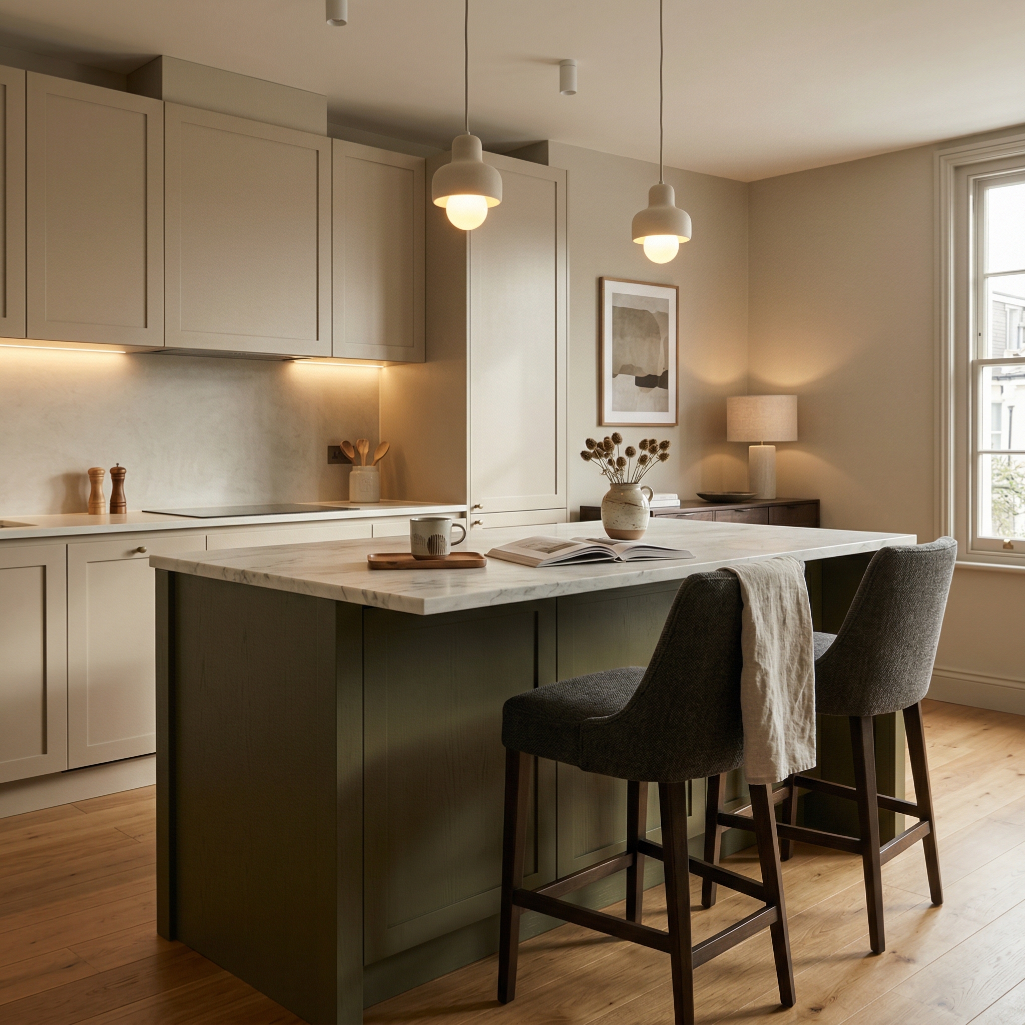 Bespoke kitchen island detail, contemporary painted lay-on cabinetry with quality joinery
