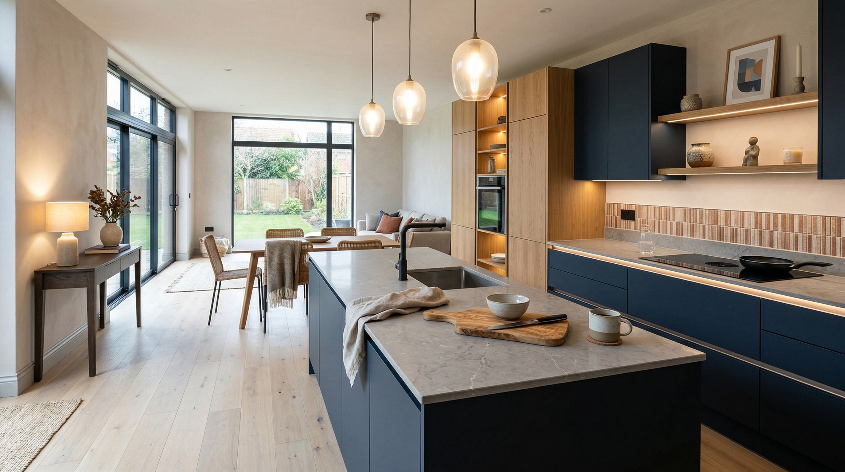 Mastercraft bespoke kitchen in Hunstanton, wide architectural view showing room volume and design quality