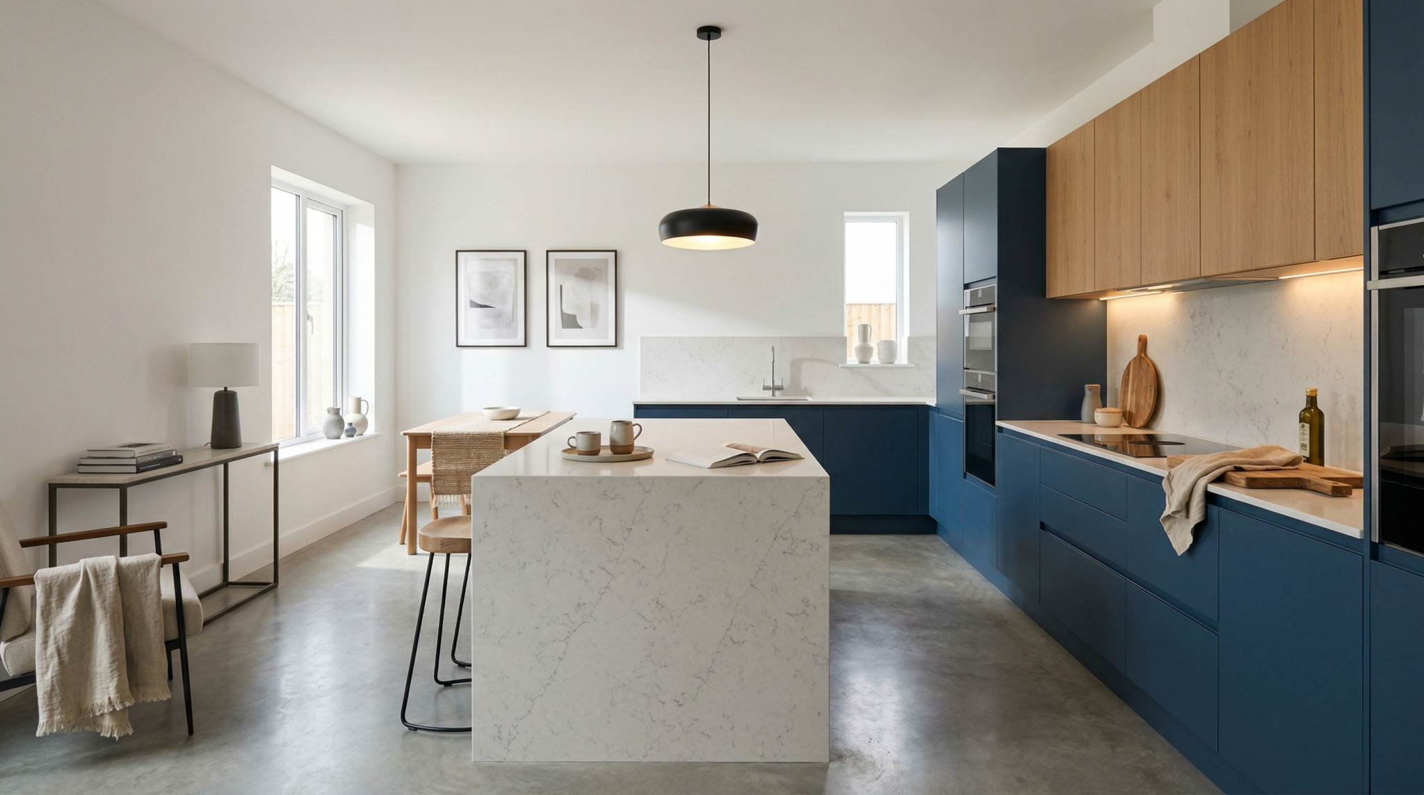 Wide view of a newly completed bespoke Mastercraft kitchen, modern shaker cabinetry in gunmetal grey tones