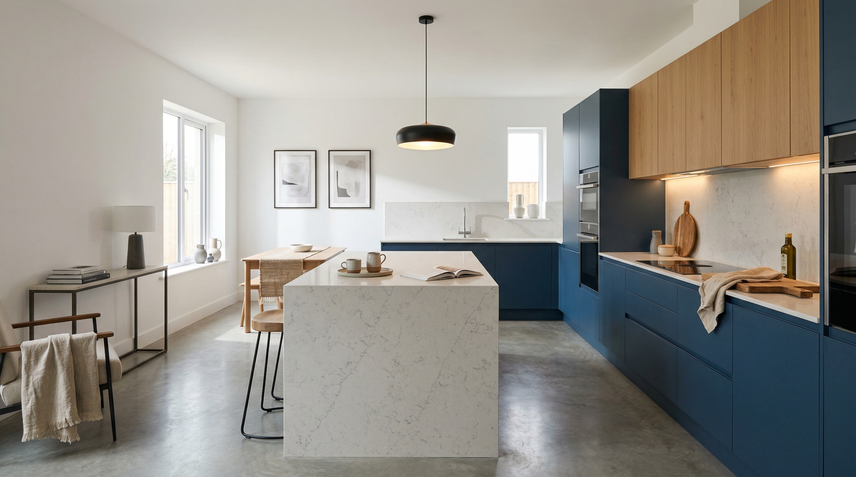 hero_1200x675 Wide view of a newly completed bespoke Mastercraft kitchen, modern shaker cabinetry in gunmetal grey tones