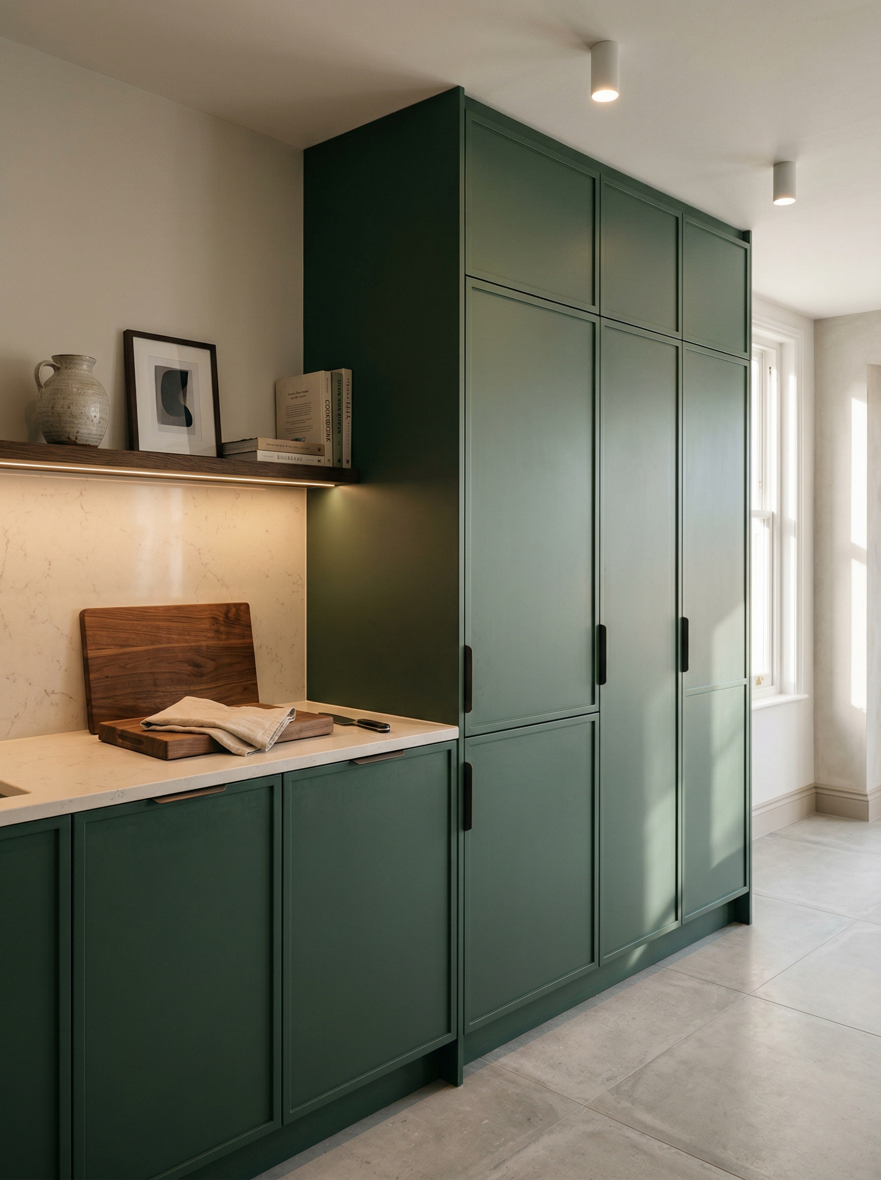 Tall view of full-height bespoke kitchen cabinetry, modern shaker cabinetry