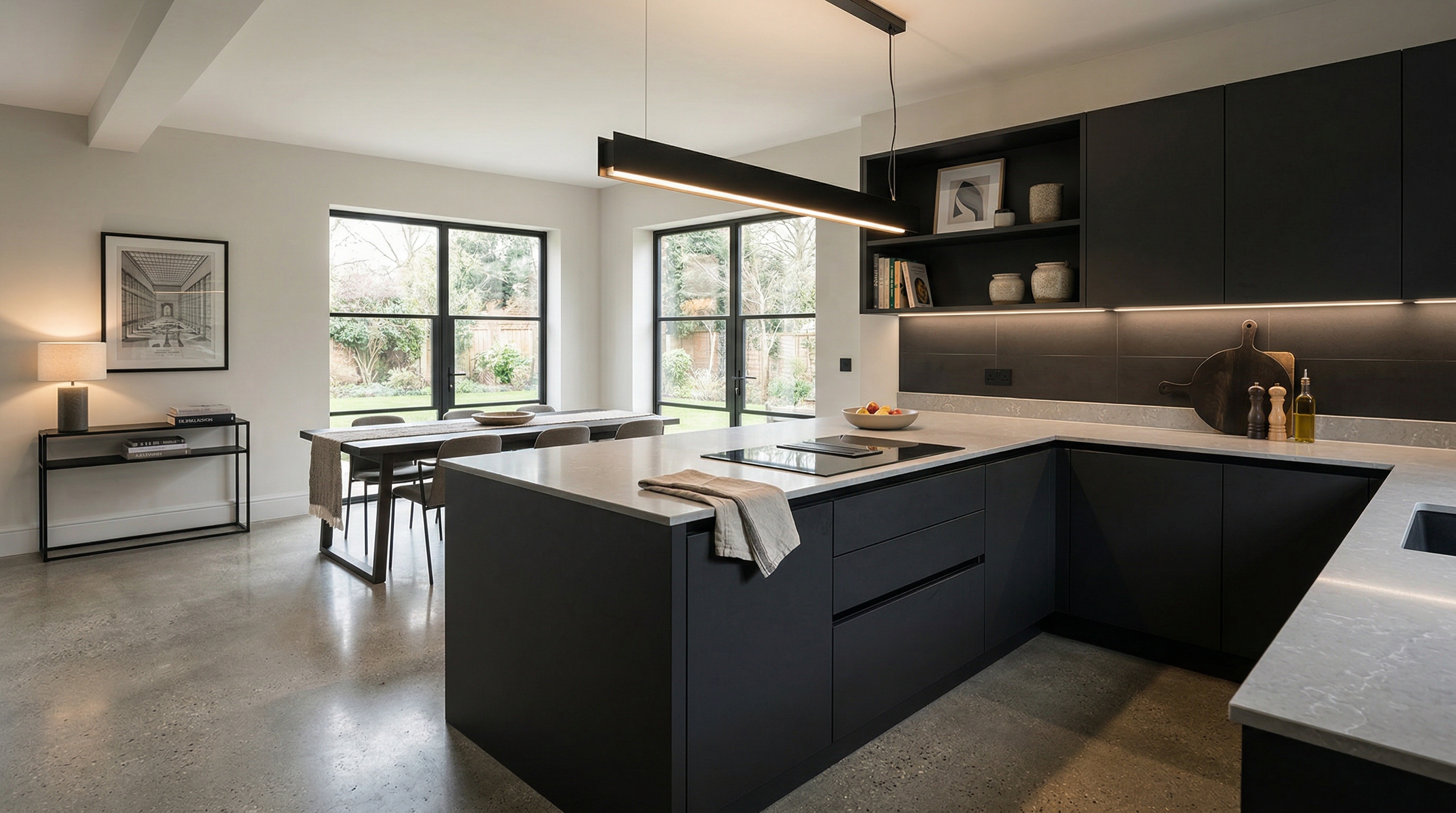 Wide view of a newly completed bespoke Mastercraft kitchen, contemporary painted lay-on cabinetry in lava tones