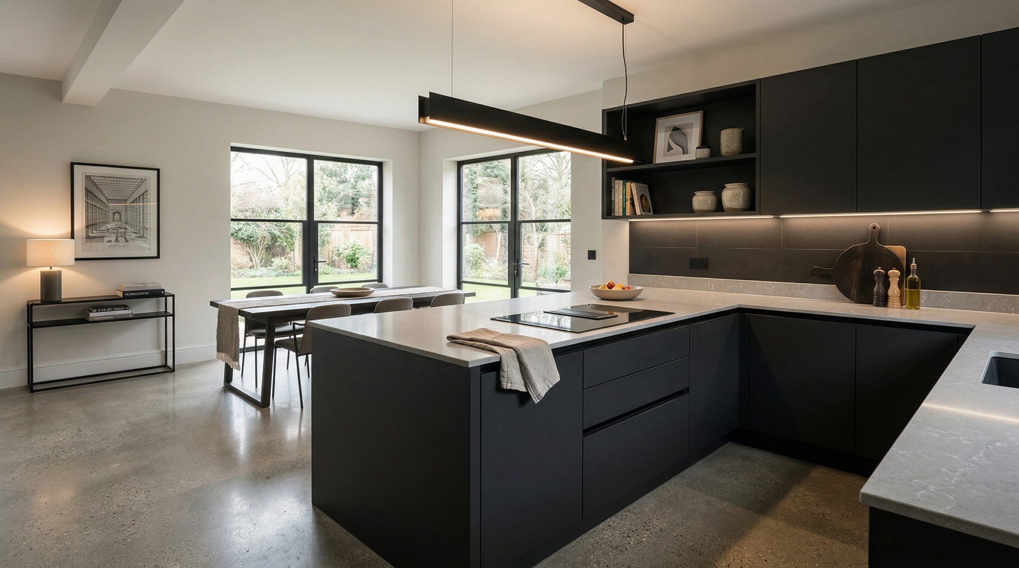 Wide view of a newly completed bespoke Mastercraft kitchen, contemporary painted lay-on cabinetry in lava tones