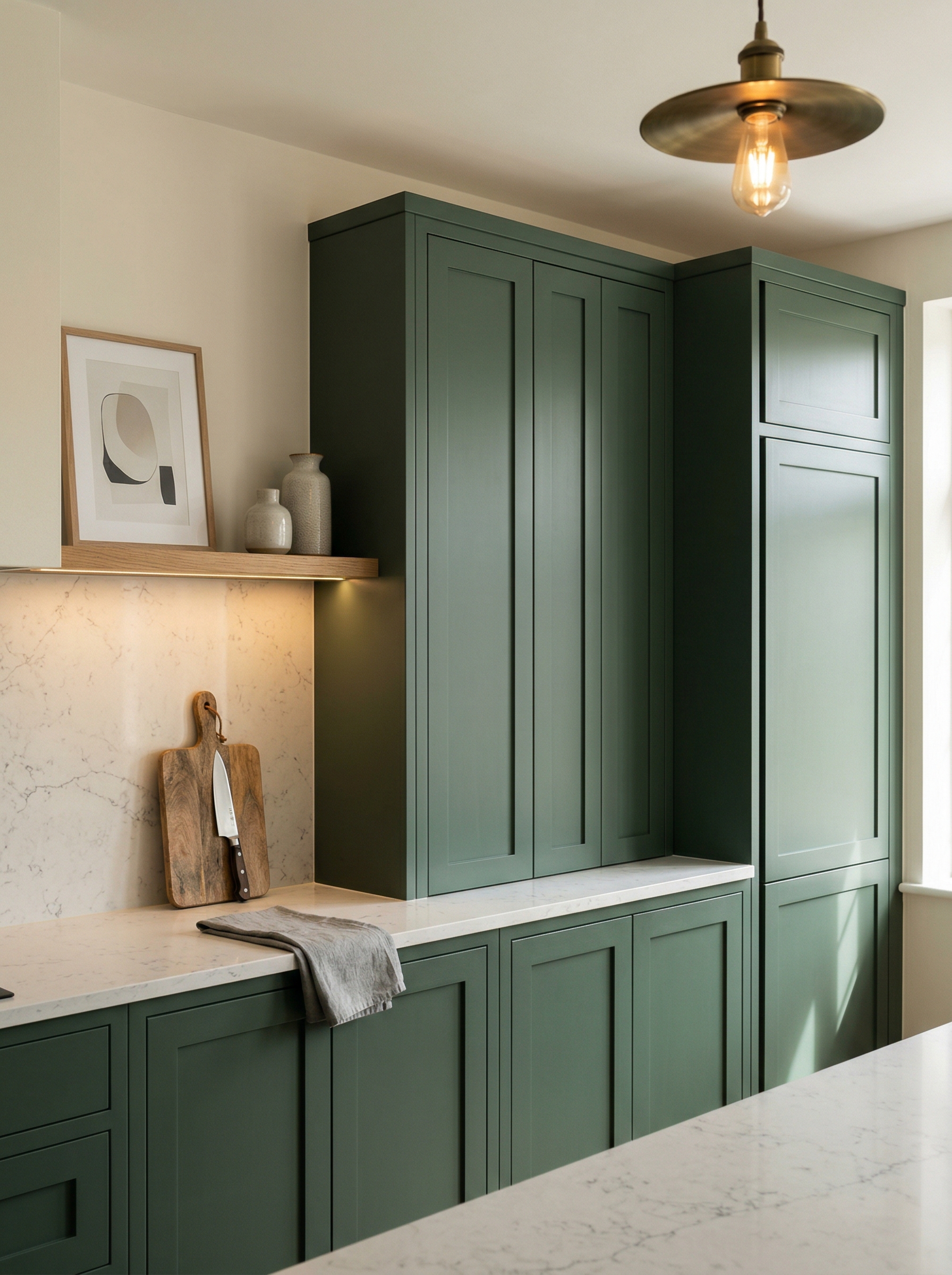 Tall view of full-height bespoke kitchen cabinetry, contemporary painted lay-on cabinetry