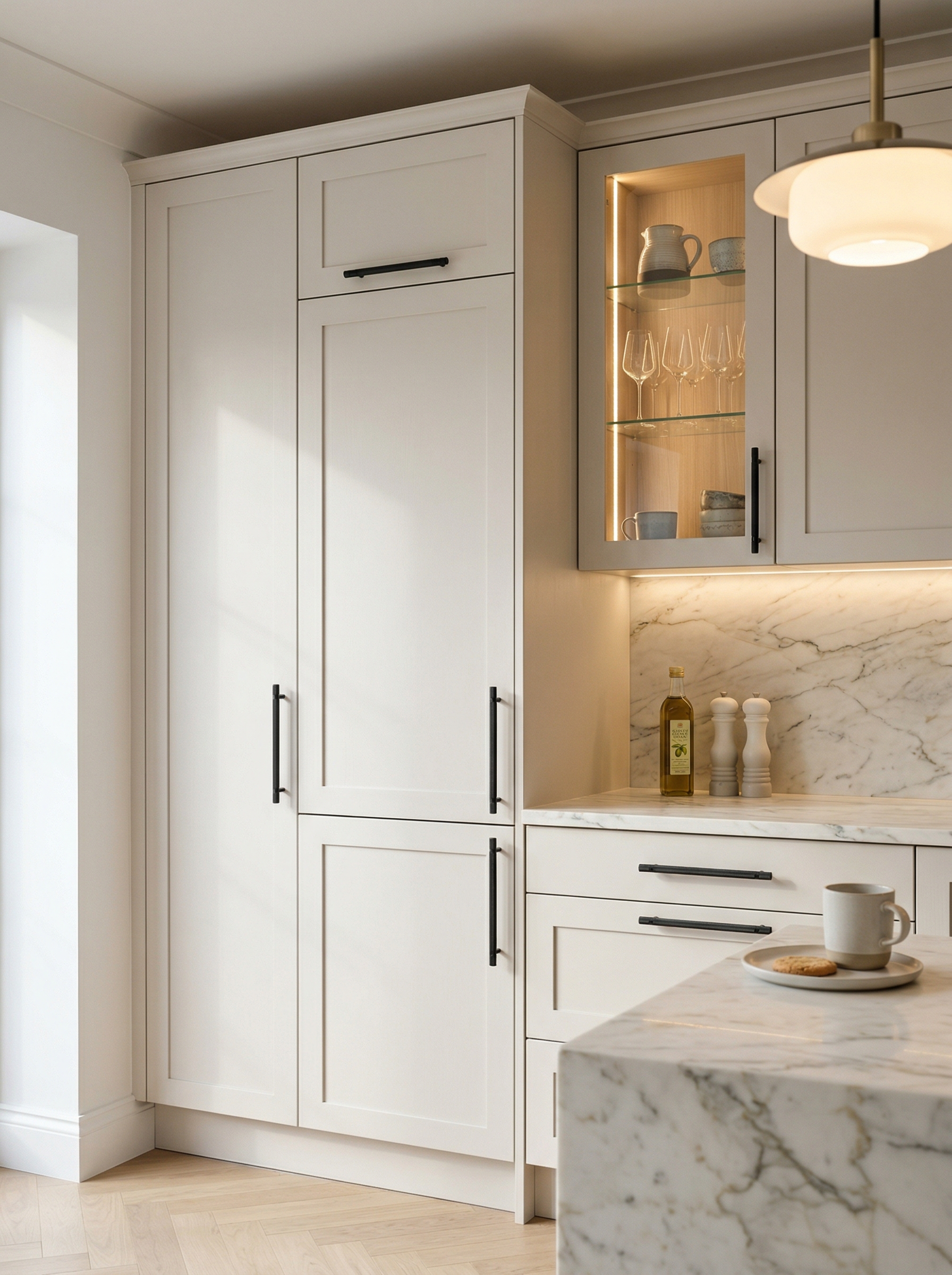 Bespoke kitchen installation, full-height cabinetry and considered storage design