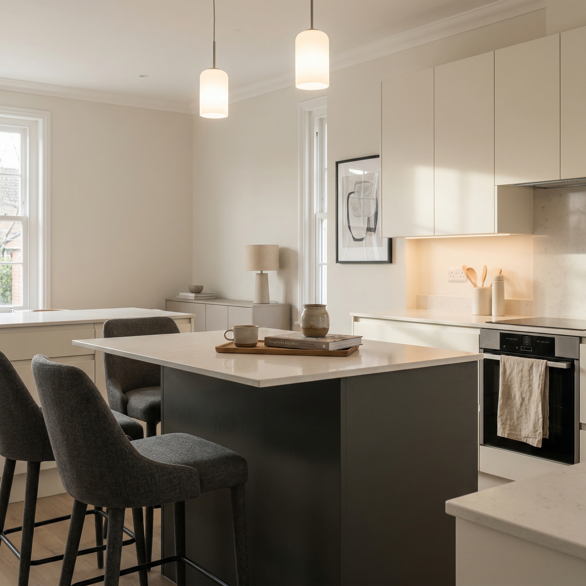 Bespoke kitchen island detail, contemporary painted lay-on cabinetry with quality joinery