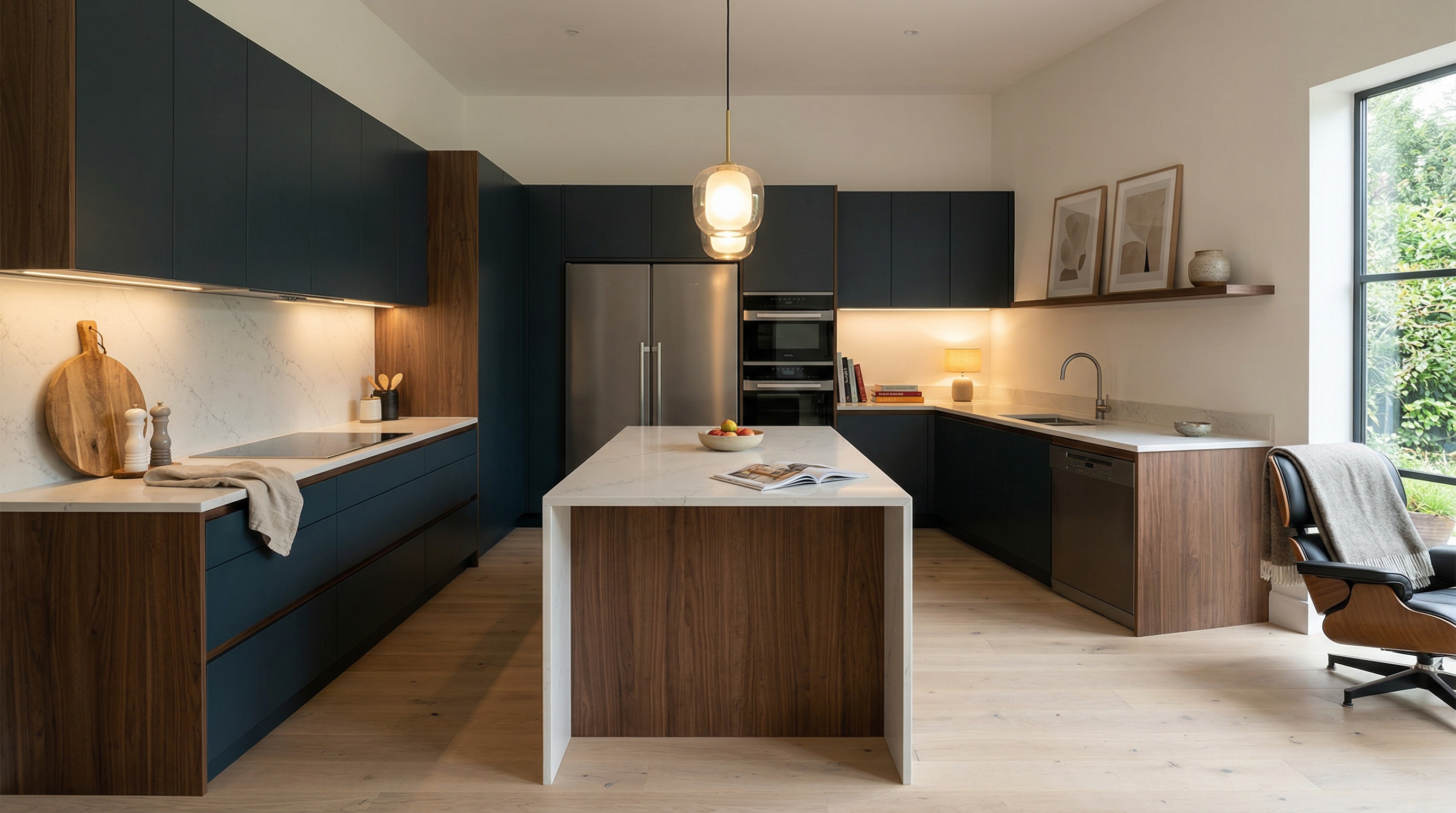 Wide view of a newly completed bespoke Mastercraft kitchen, modern shaker cabinetry in pantry blue tones
