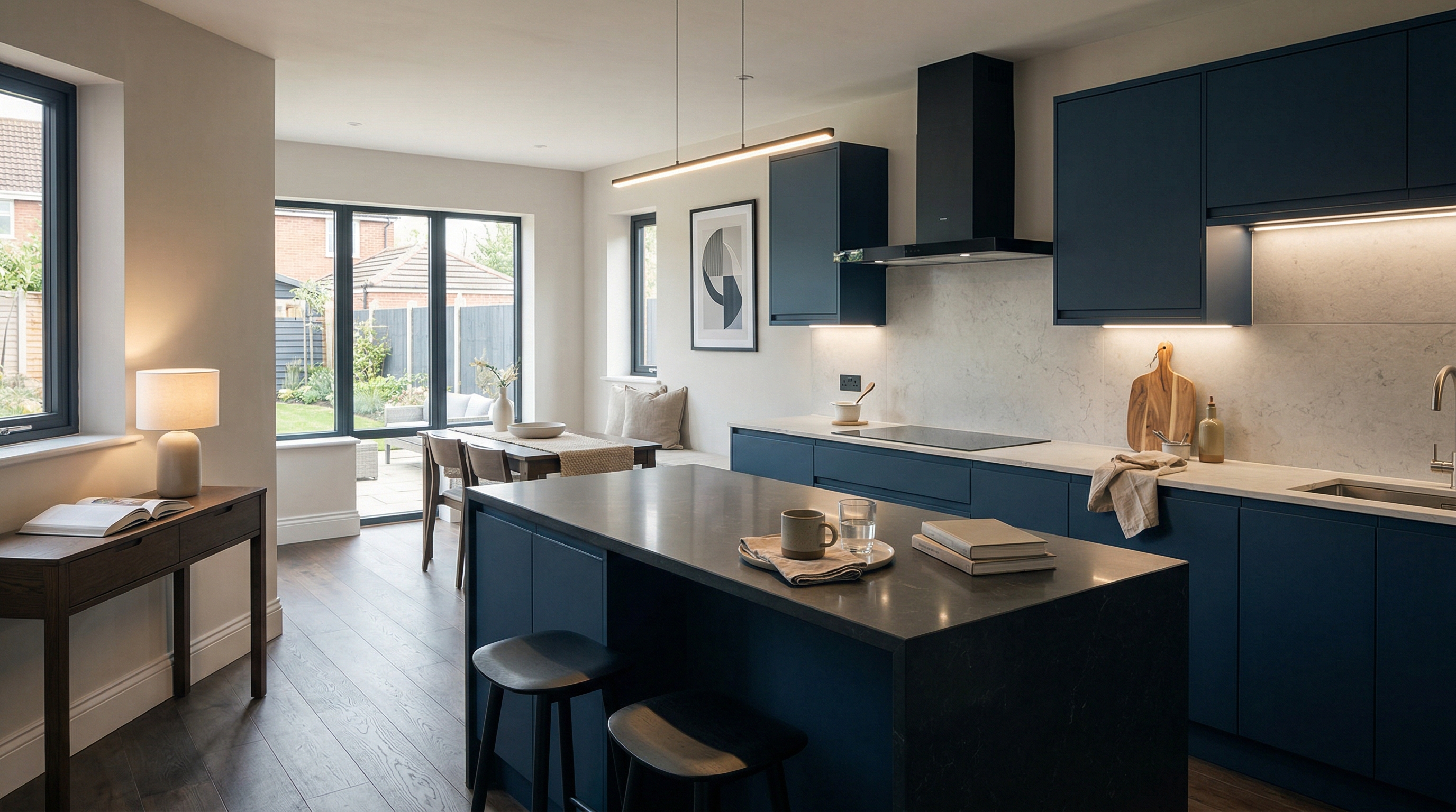 Mastercraft bespoke kitchen in Jarrow, wide architectural view showing room volume and design quality