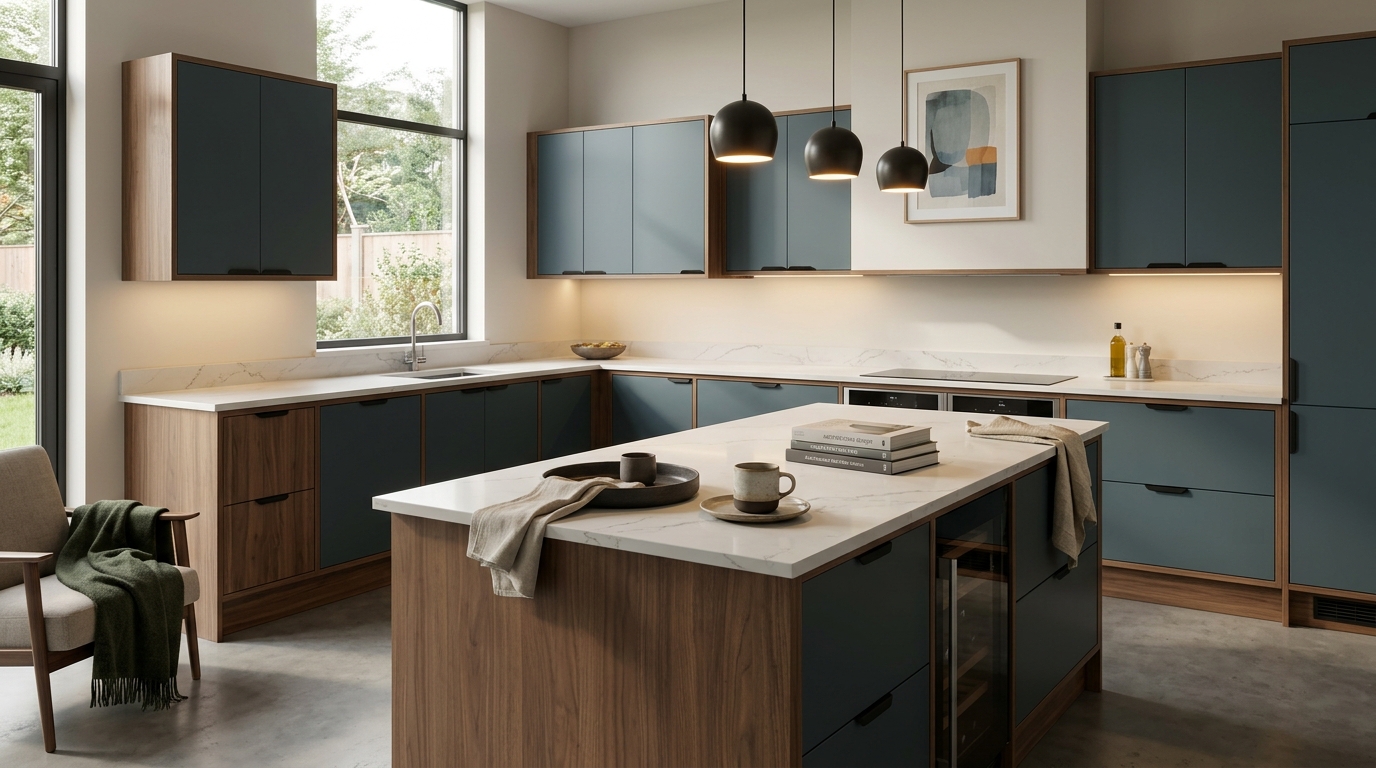 hero_1200x675 Wide view of a newly completed bespoke Mastercraft kitchen, matt painted handleless slab cabinetry in graphite tones