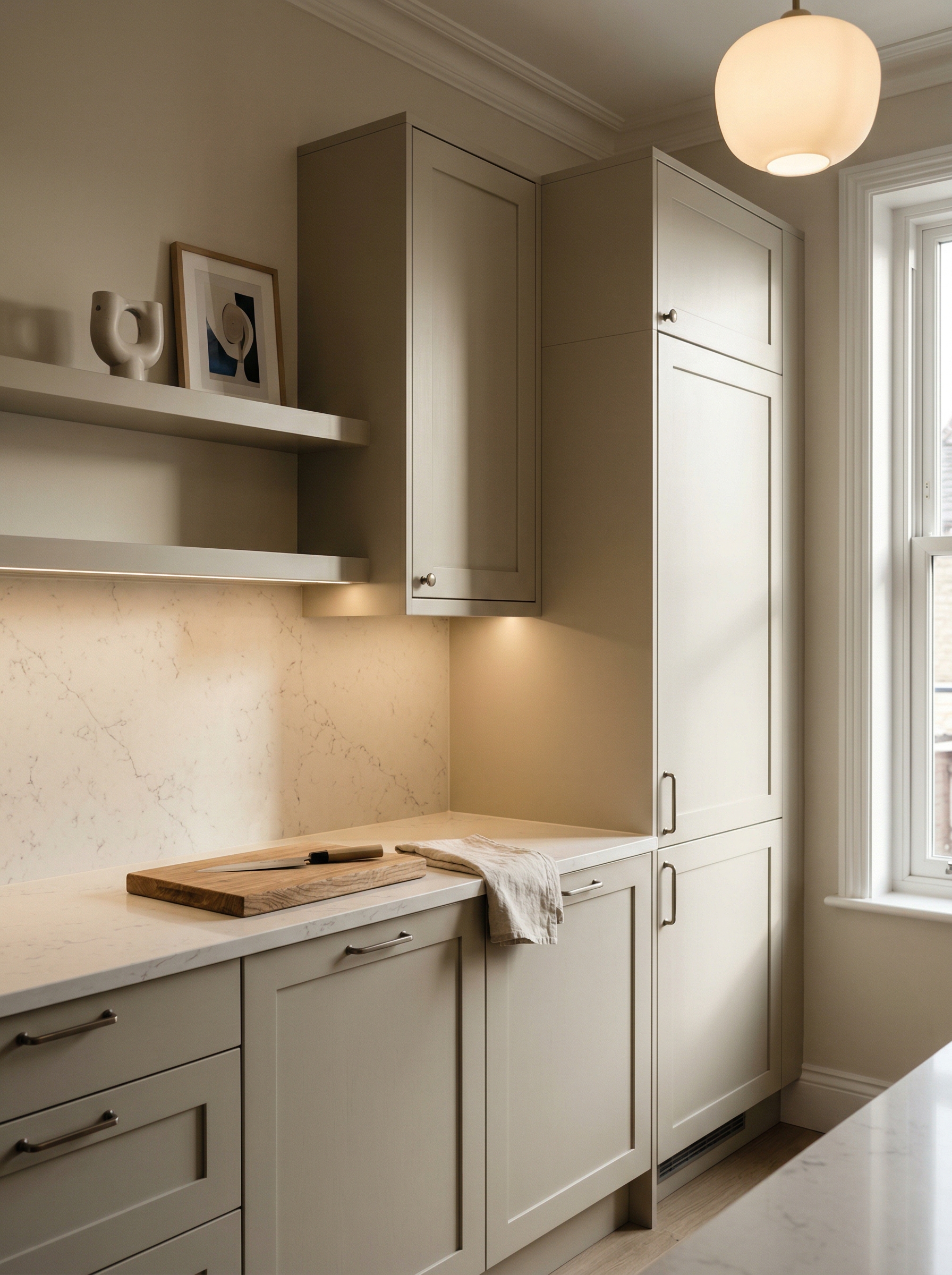 portrait1_600x800 Tall view of full-height bespoke kitchen cabinetry, matt painted handleless slab cabinetry