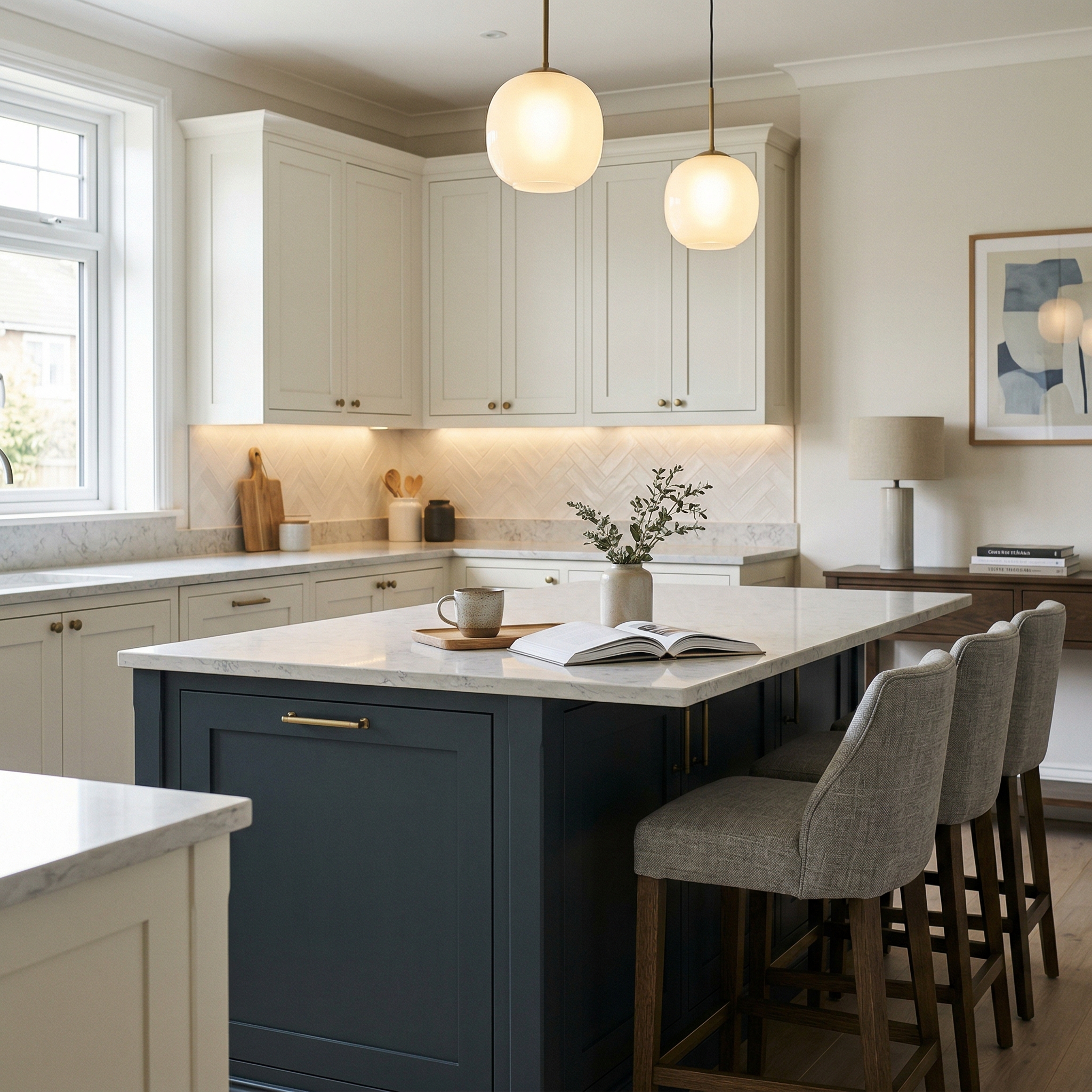 Bespoke kitchen island detail, matt painted handleless slab cabinetry with quality joinery