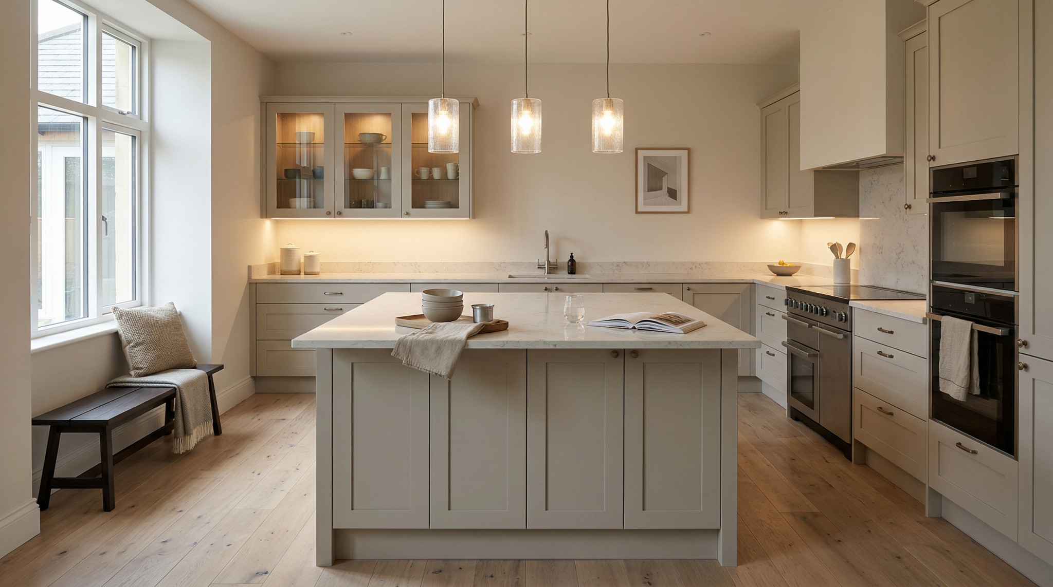 Wide view of a newly completed bespoke Mastercraft kitchen, modern shaker cabinetry in shell tones