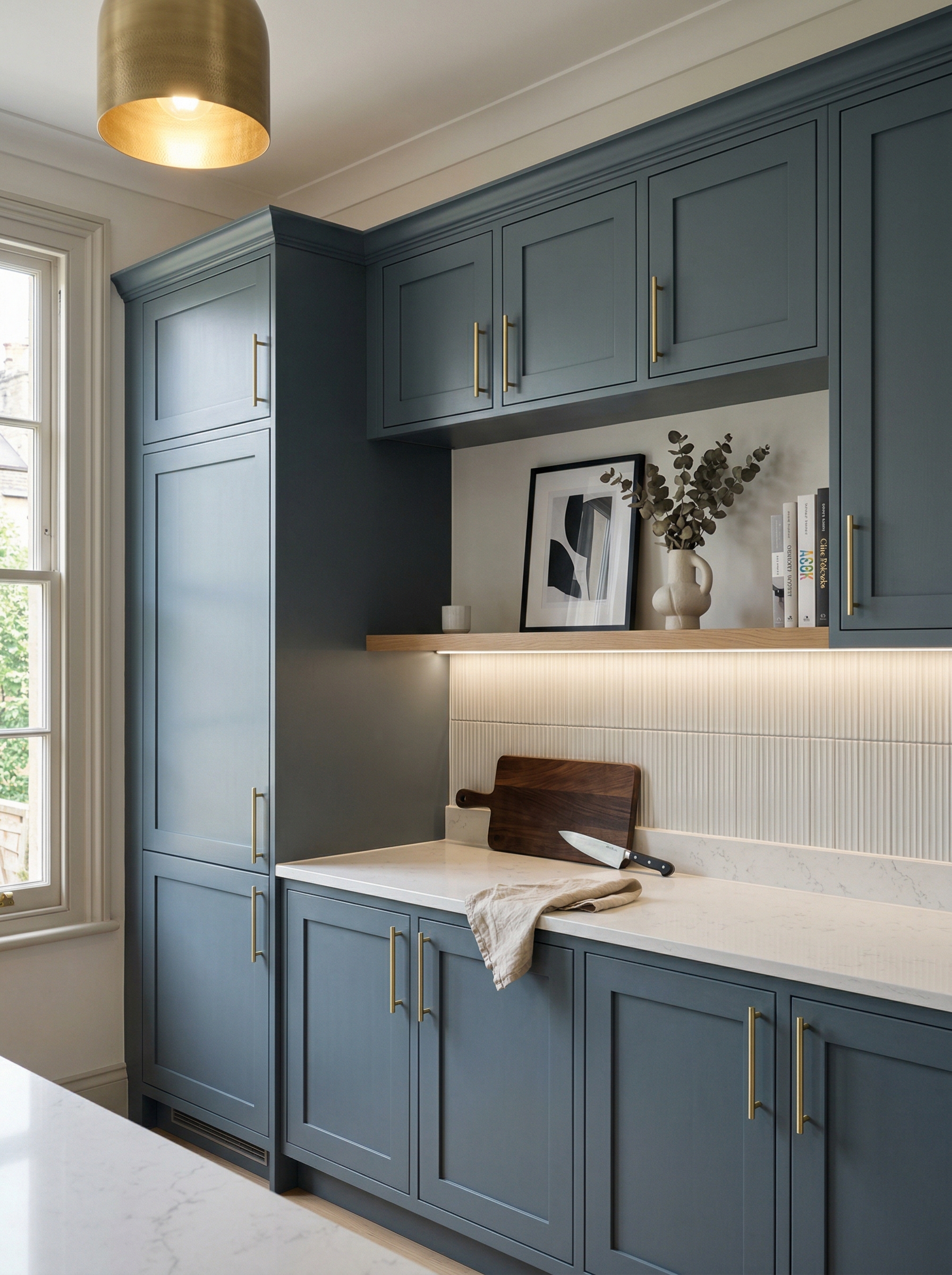 Tall view of full-height bespoke kitchen cabinetry, modern shaker cabinetry