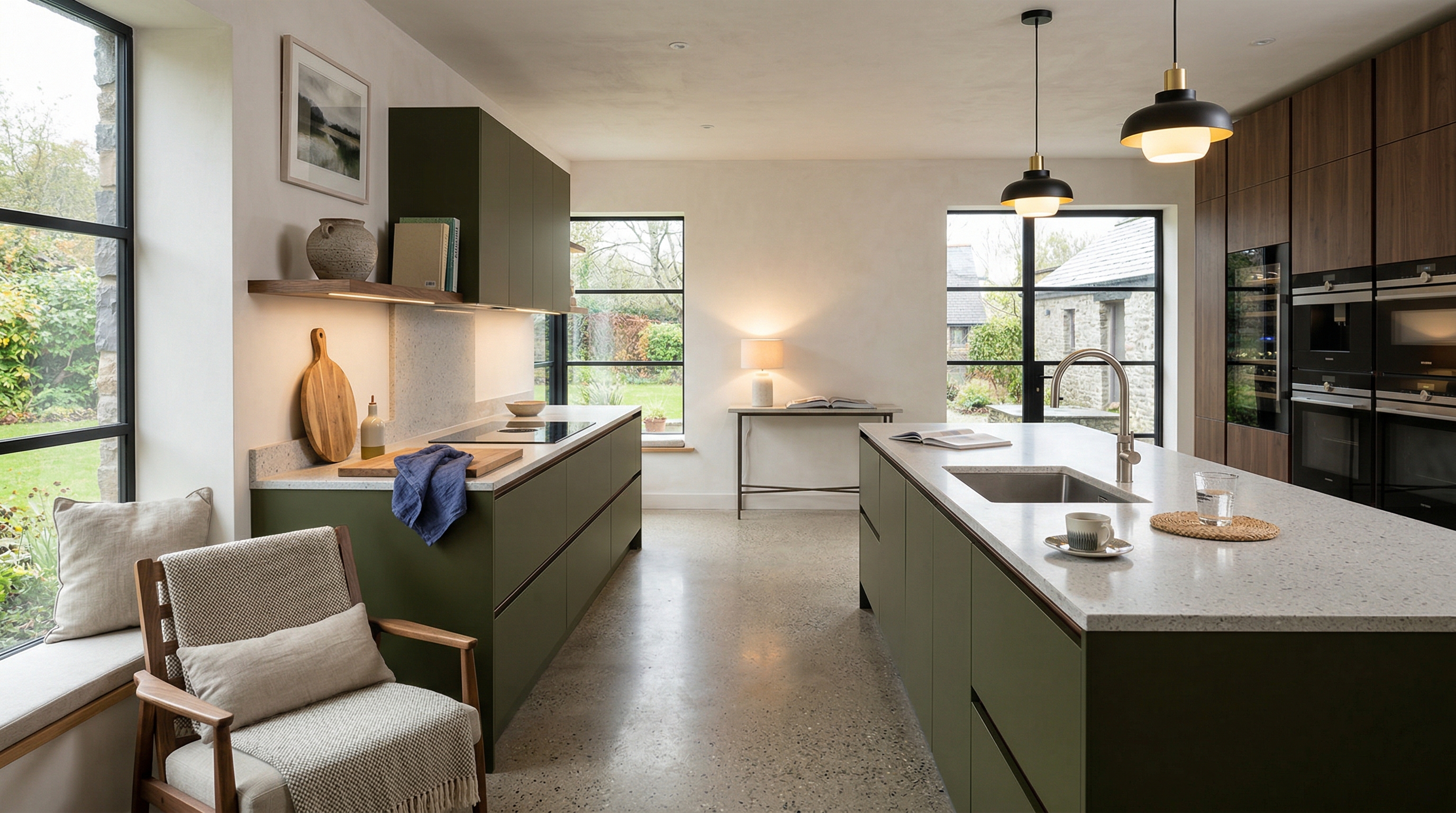 Mastercraft bespoke kitchen in Kidwelly, wide architectural view showing room volume and design quality