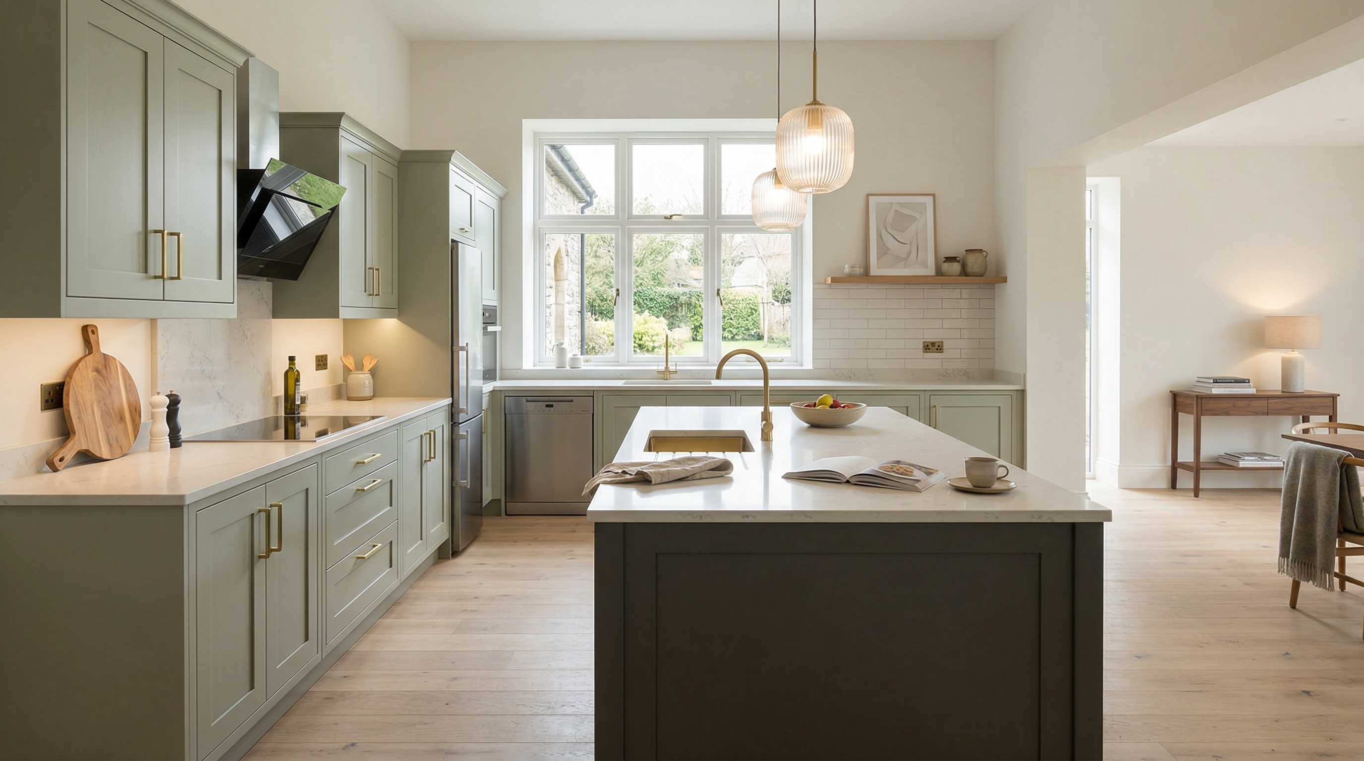 Wide view of a newly completed bespoke Mastercraft kitchen, modern shaker cabinetry in stone grey tones