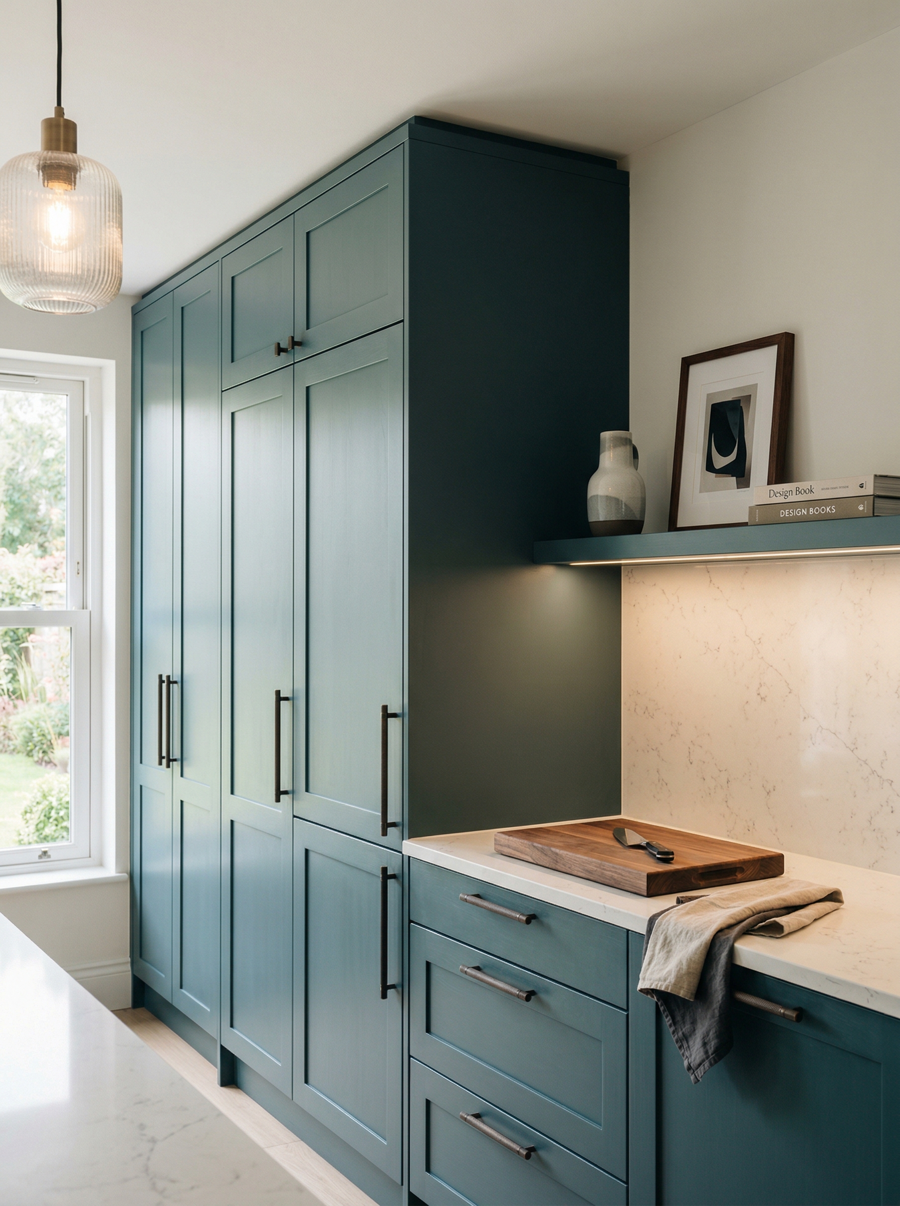 Tall view of full-height bespoke kitchen cabinetry, modern shaker cabinetry