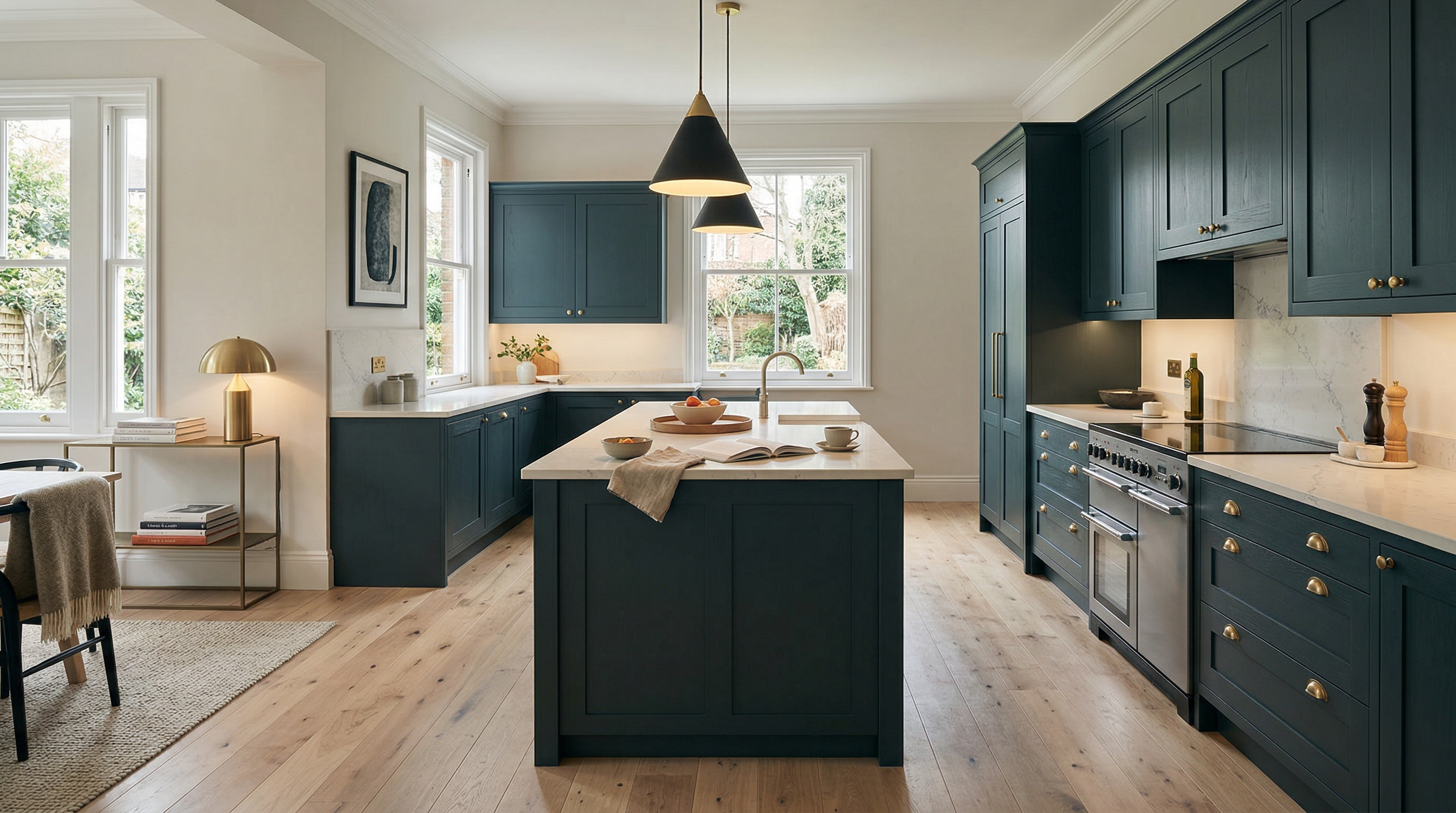 Wide view of a newly completed bespoke Mastercraft kitchen, matt painted handleless slab cabinetry in heritage green tones