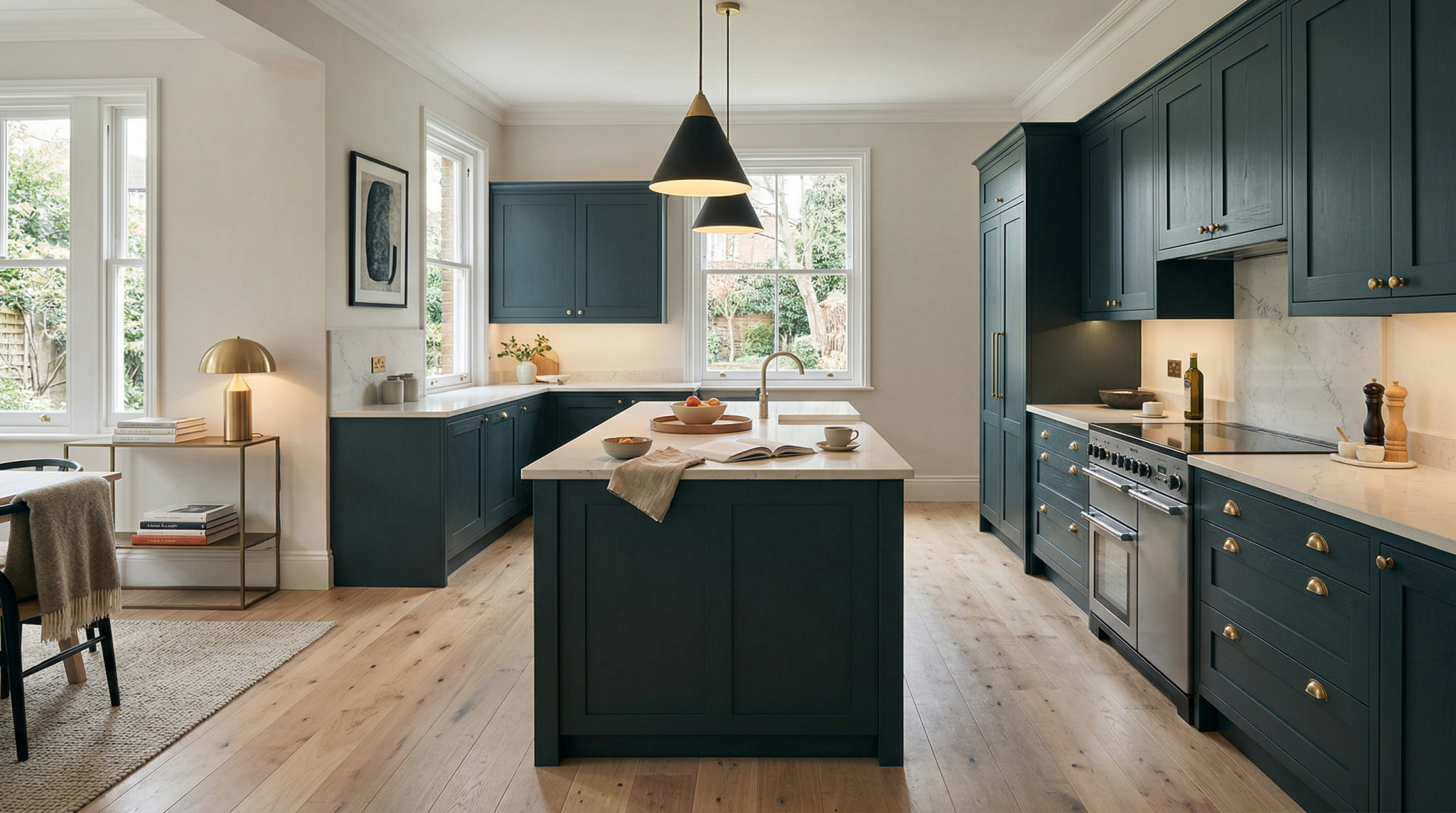 Wide view of a newly completed bespoke Mastercraft kitchen, matt painted handleless slab cabinetry in heritage green tones