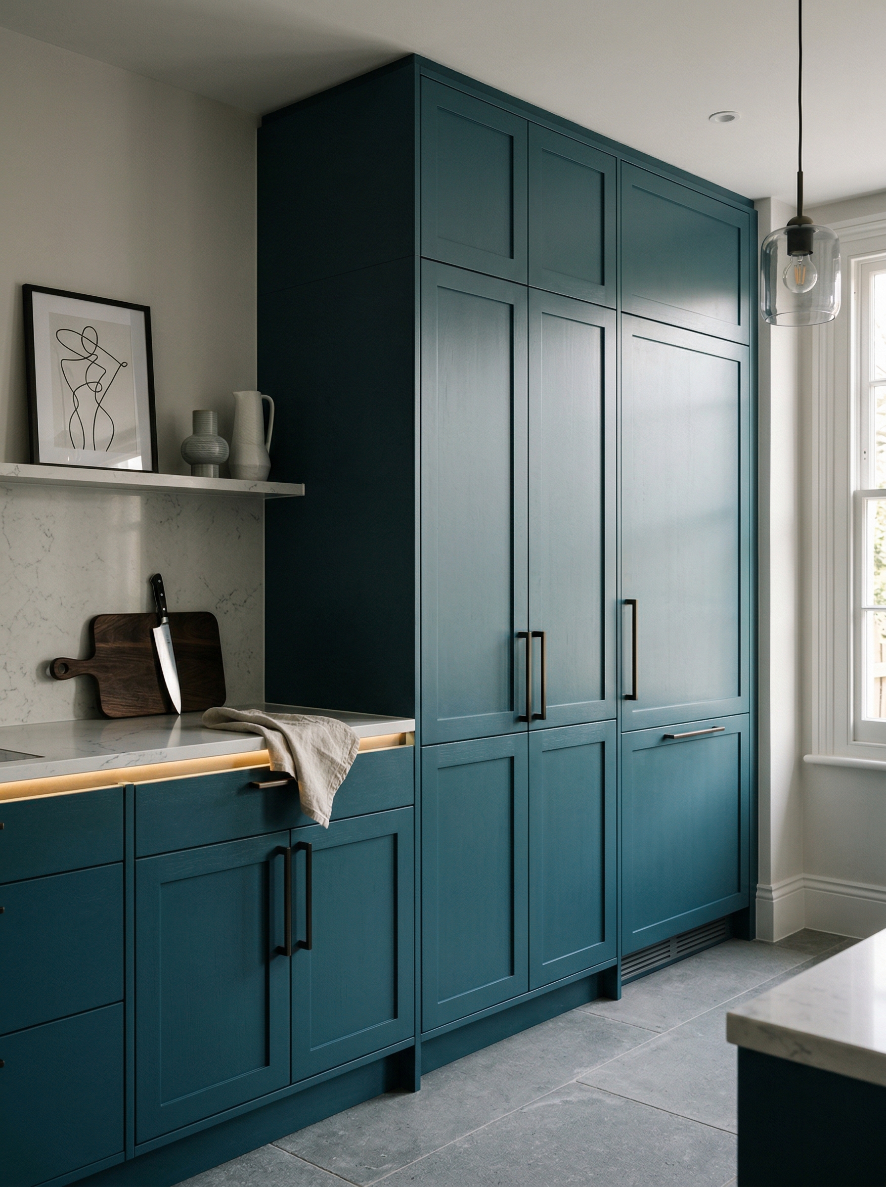 Tall view of full-height bespoke kitchen cabinetry, matt painted handleless slab cabinetry