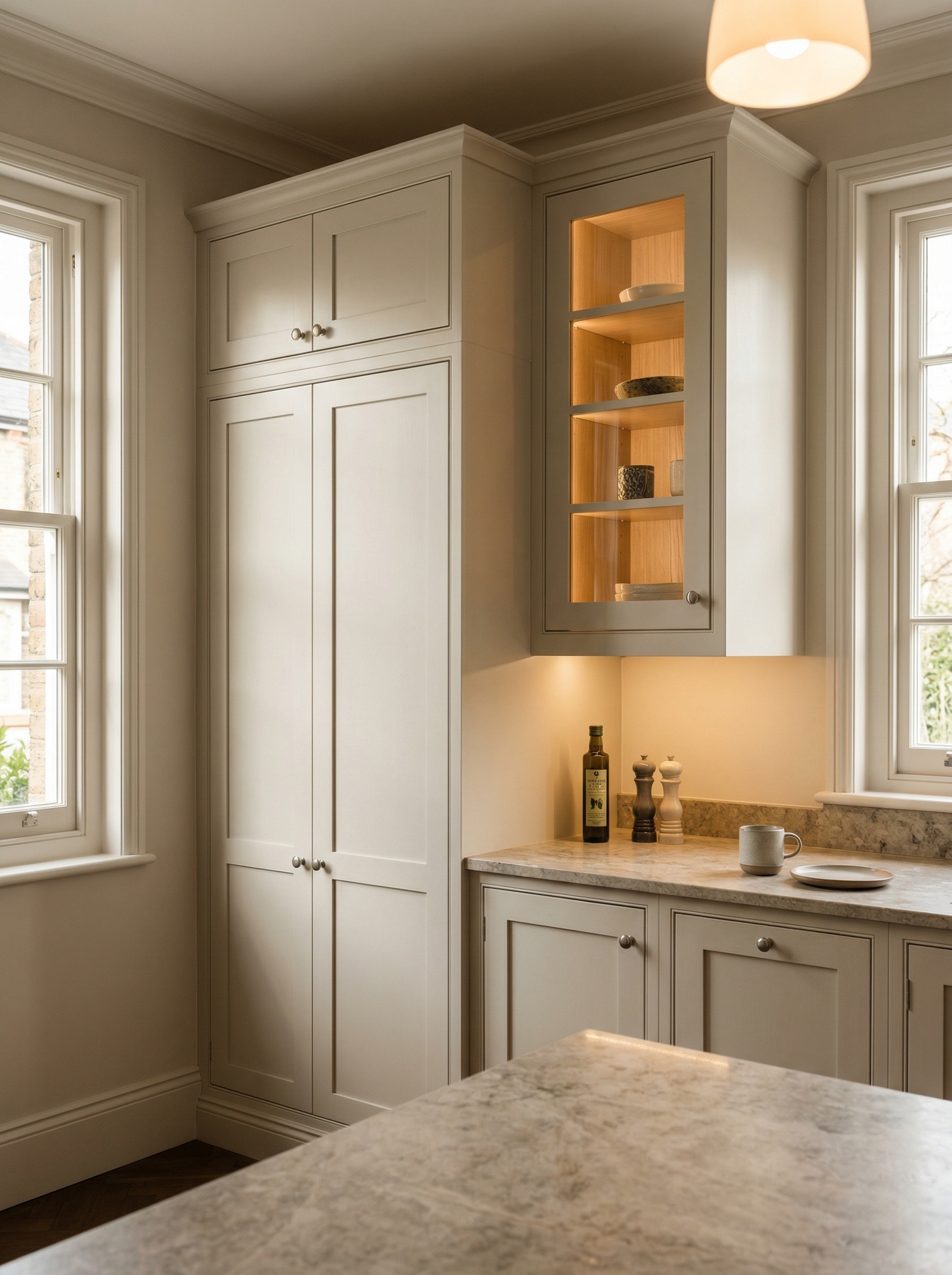 Bespoke kitchen installation, full-height cabinetry and considered storage design