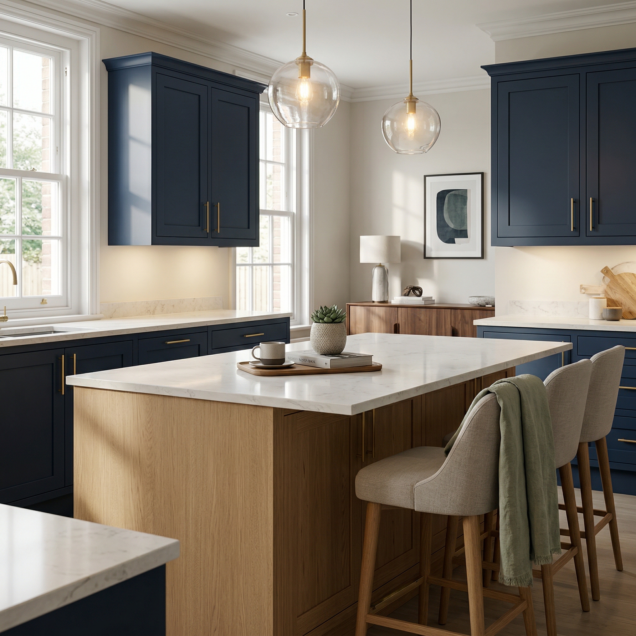 Bespoke kitchen island detail, matt painted handleless slab cabinetry with quality joinery