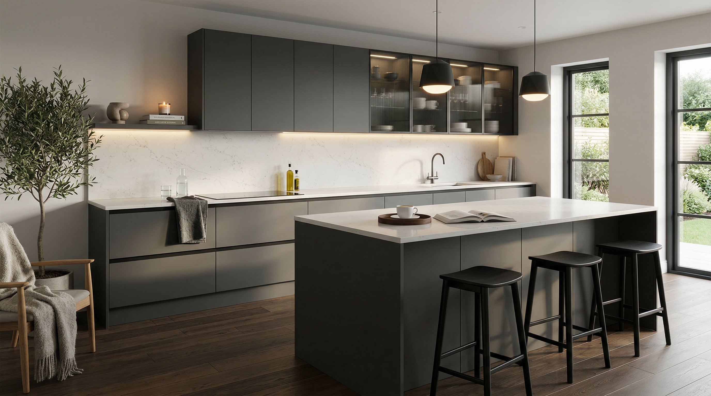 hero_1200x675 Wide view of a newly completed bespoke Mastercraft kitchen, timber veneer slab-door cabinetry in ivory tones