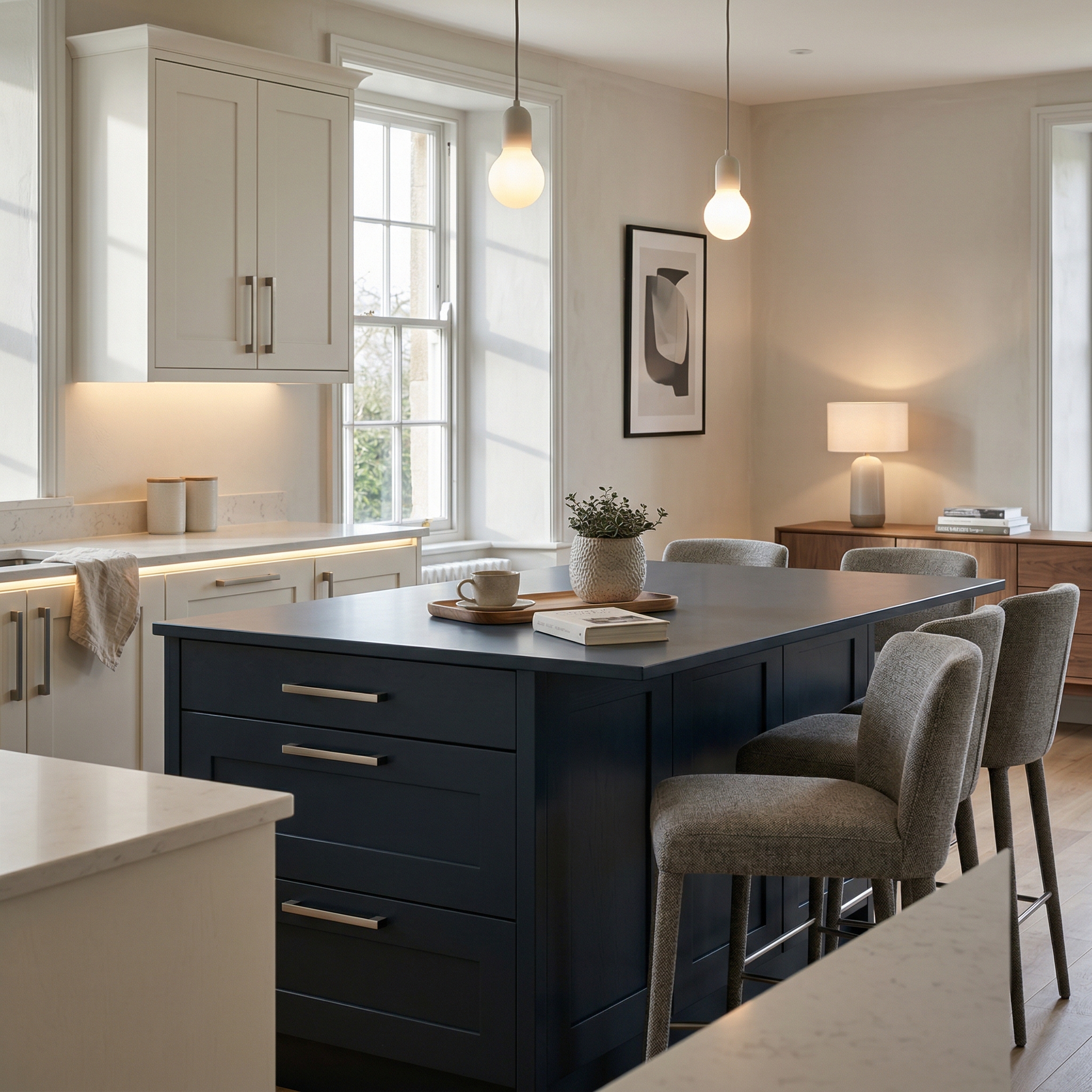 Bespoke kitchen island detail, timber veneer slab-door cabinetry with quality joinery