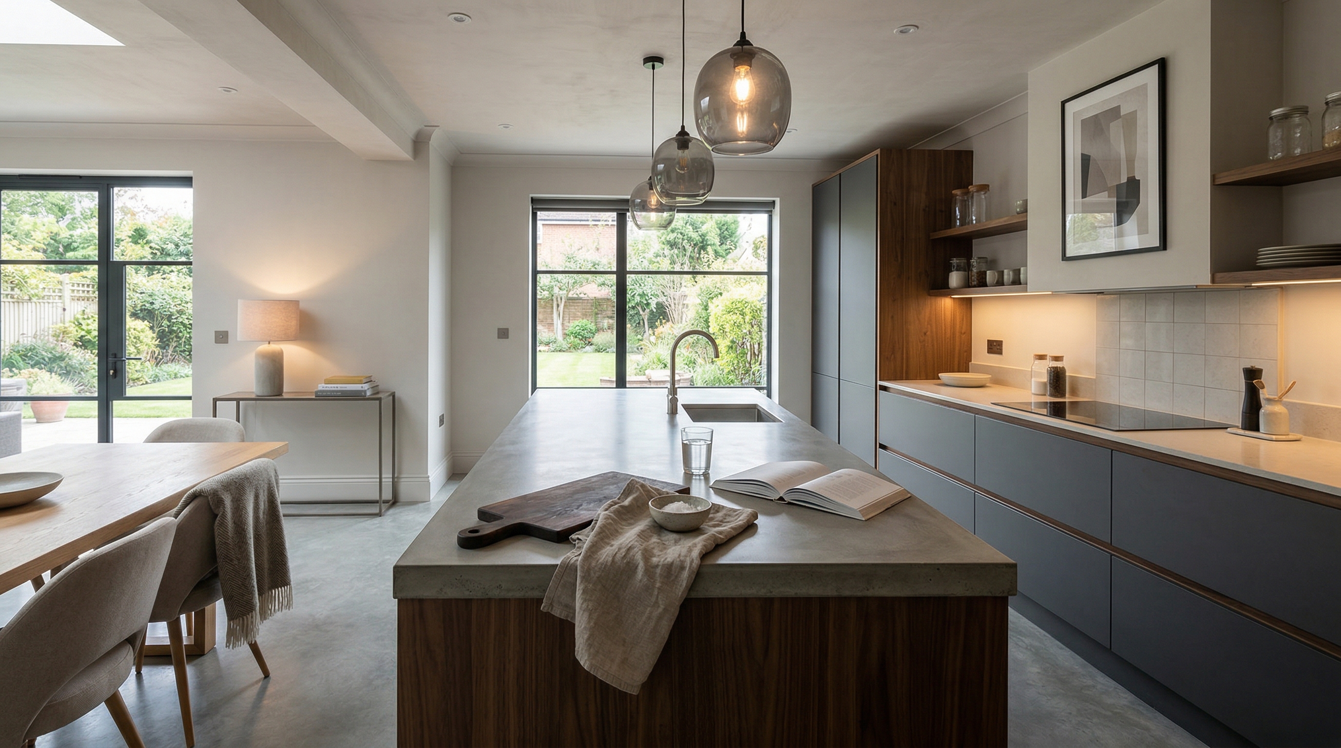 Mastercraft bespoke kitchen in Knighton, wide architectural view showing room volume and design quality