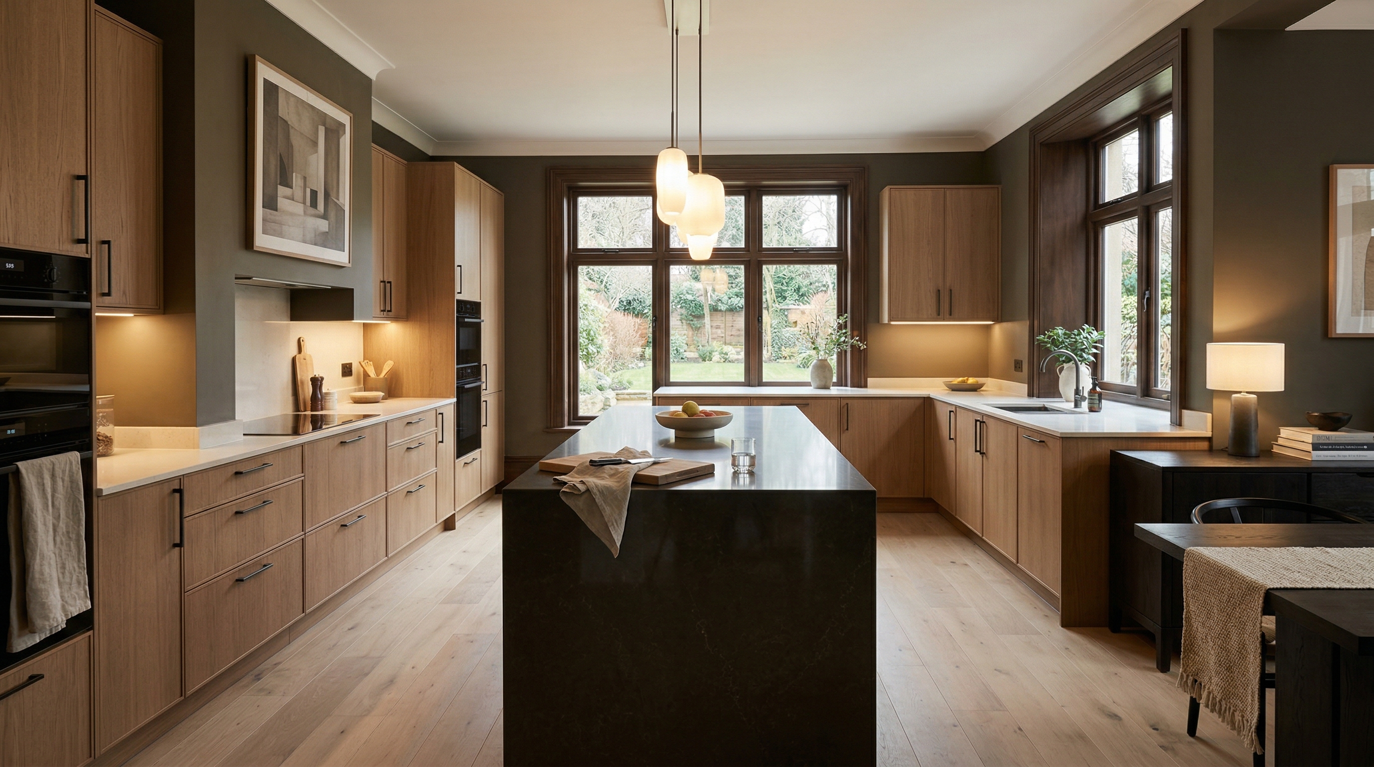 Wide view of a newly completed bespoke Mastercraft kitchen, contemporary in-frame cabinetry in brilliant white tones