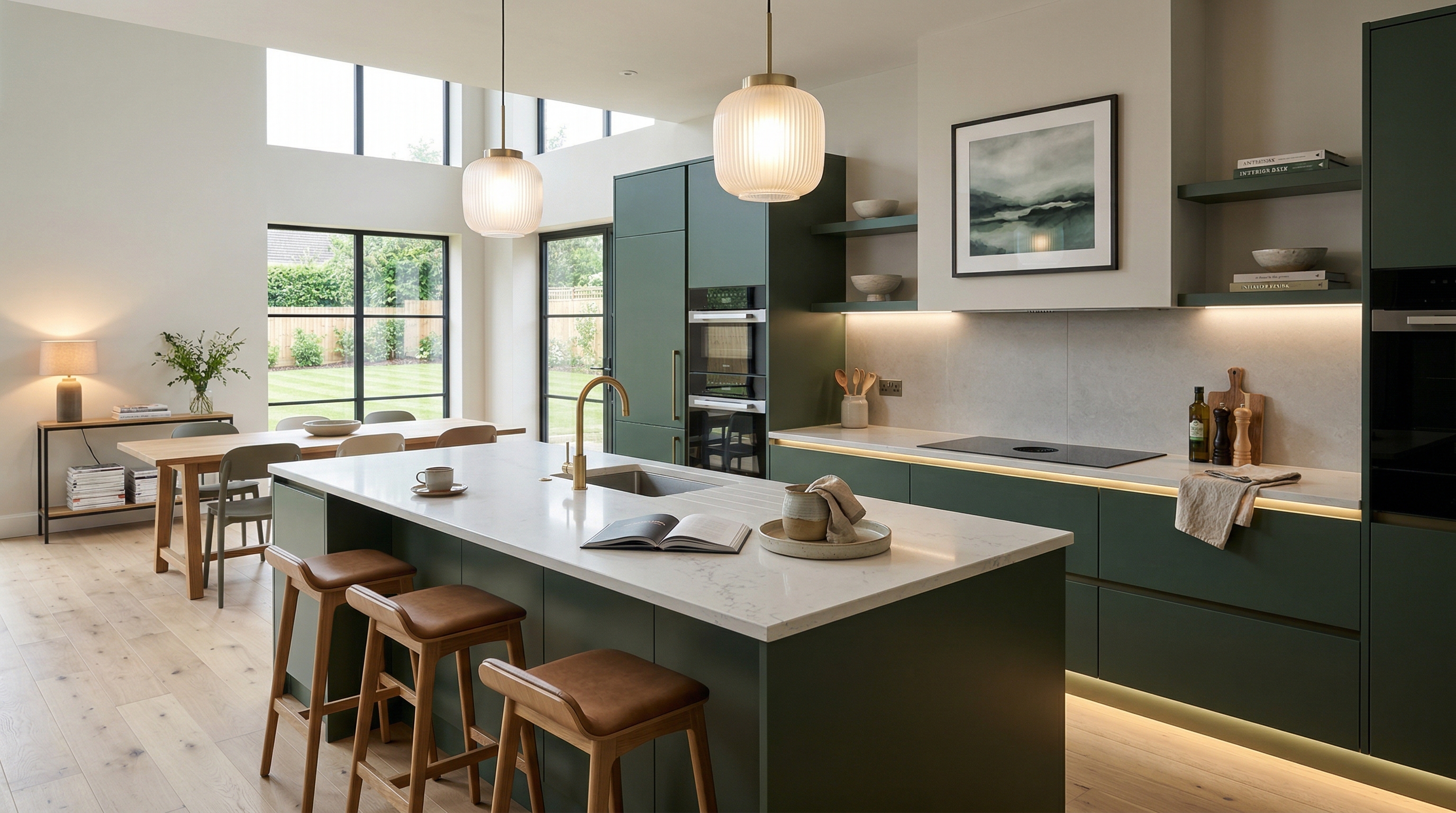 Wide view of a newly completed bespoke Mastercraft kitchen, modern shaker cabinetry in monument grey tones