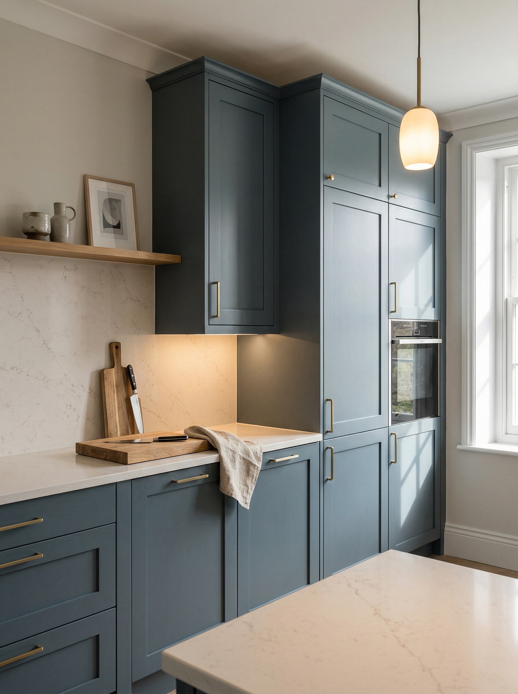 Tall view of full-height bespoke kitchen cabinetry, timber veneer slab-door cabinetry