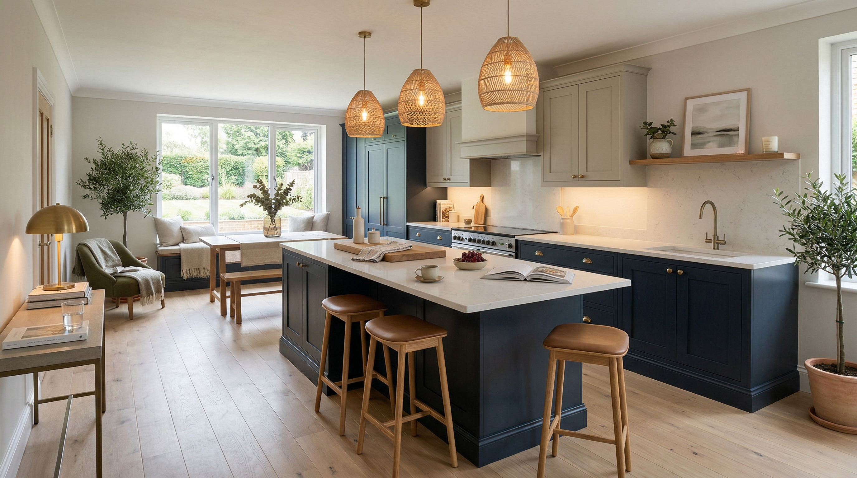 Mastercraft bespoke kitchen in Langstone, wide architectural view showing room volume and design quality