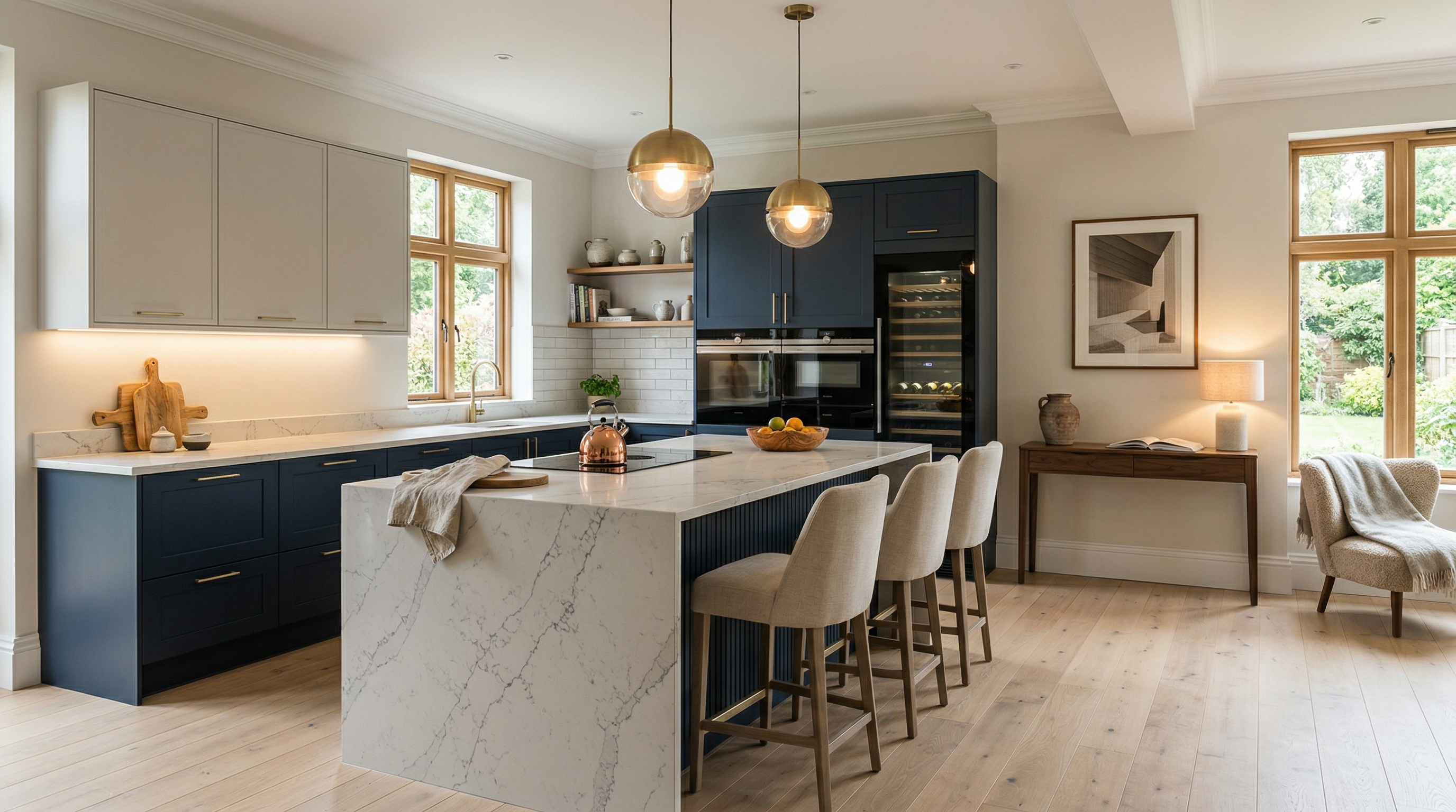 hero_1200x675 Wide view of a newly completed bespoke Mastercraft kitchen, timber veneer slab-door cabinetry in parisian blue tones