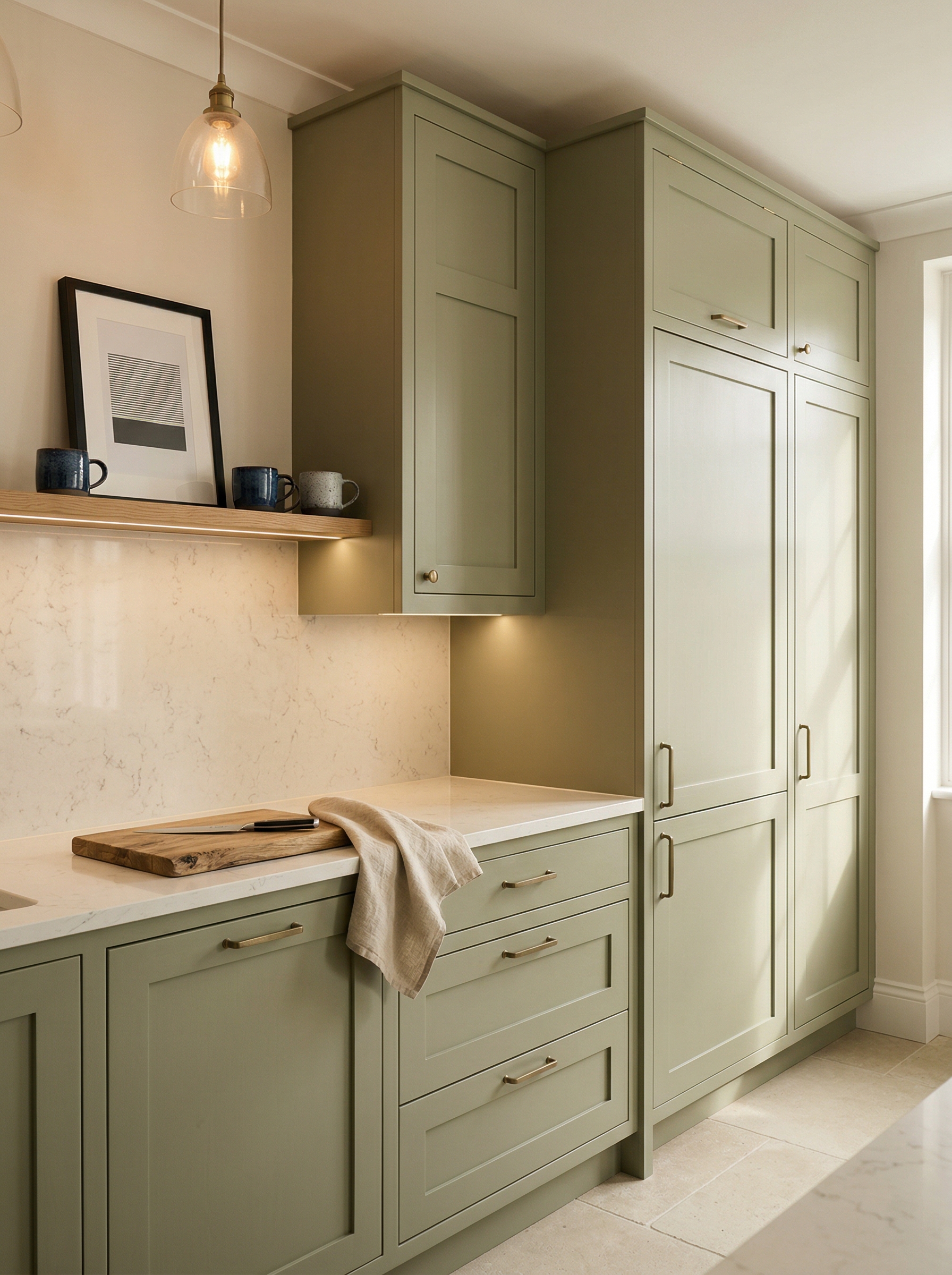 Tall view of full-height bespoke kitchen cabinetry, timber veneer slab-door cabinetry