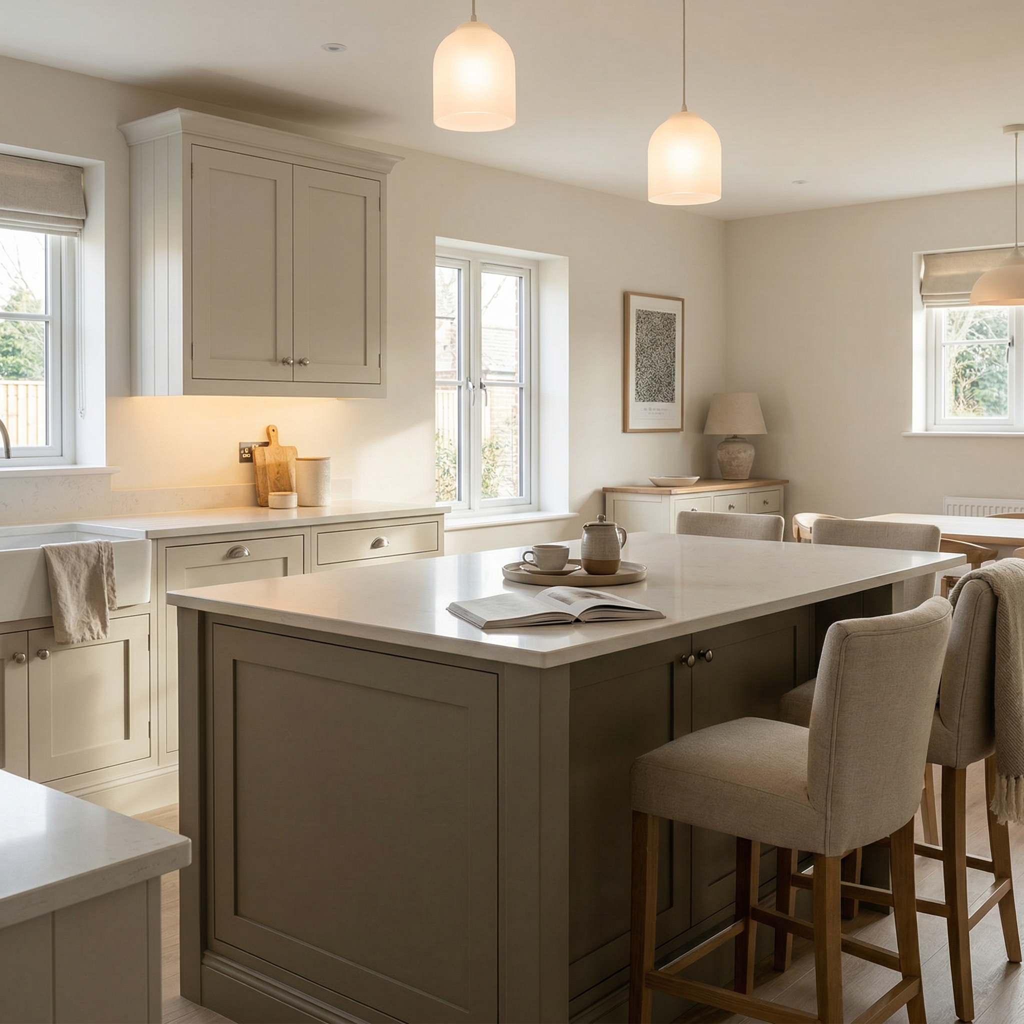 Bespoke kitchen island detail, timber veneer slab-door cabinetry with quality joinery