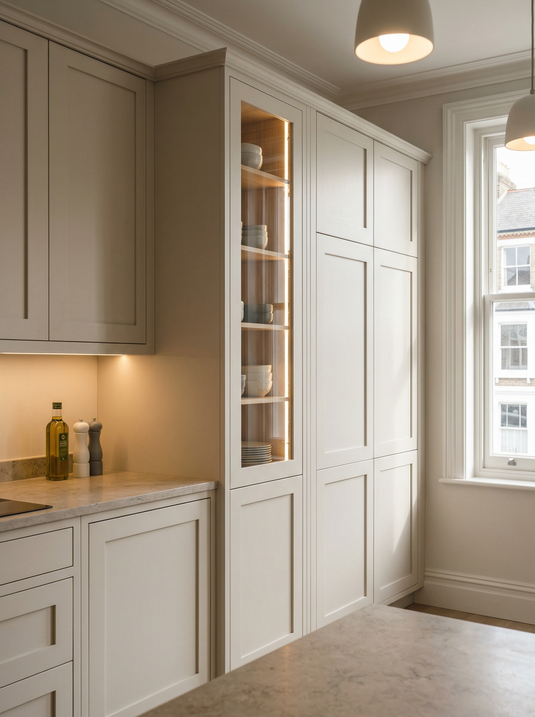 Bespoke kitchen installation, full-height cabinetry and considered storage design