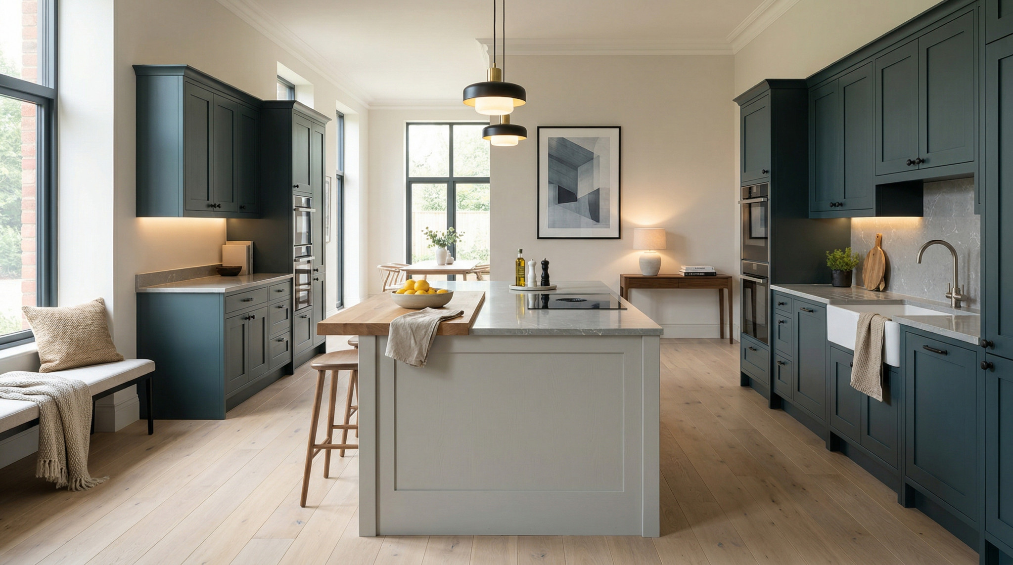 Wide view of a newly completed bespoke Mastercraft kitchen, contemporary painted lay-on cabinetry in sage green tones