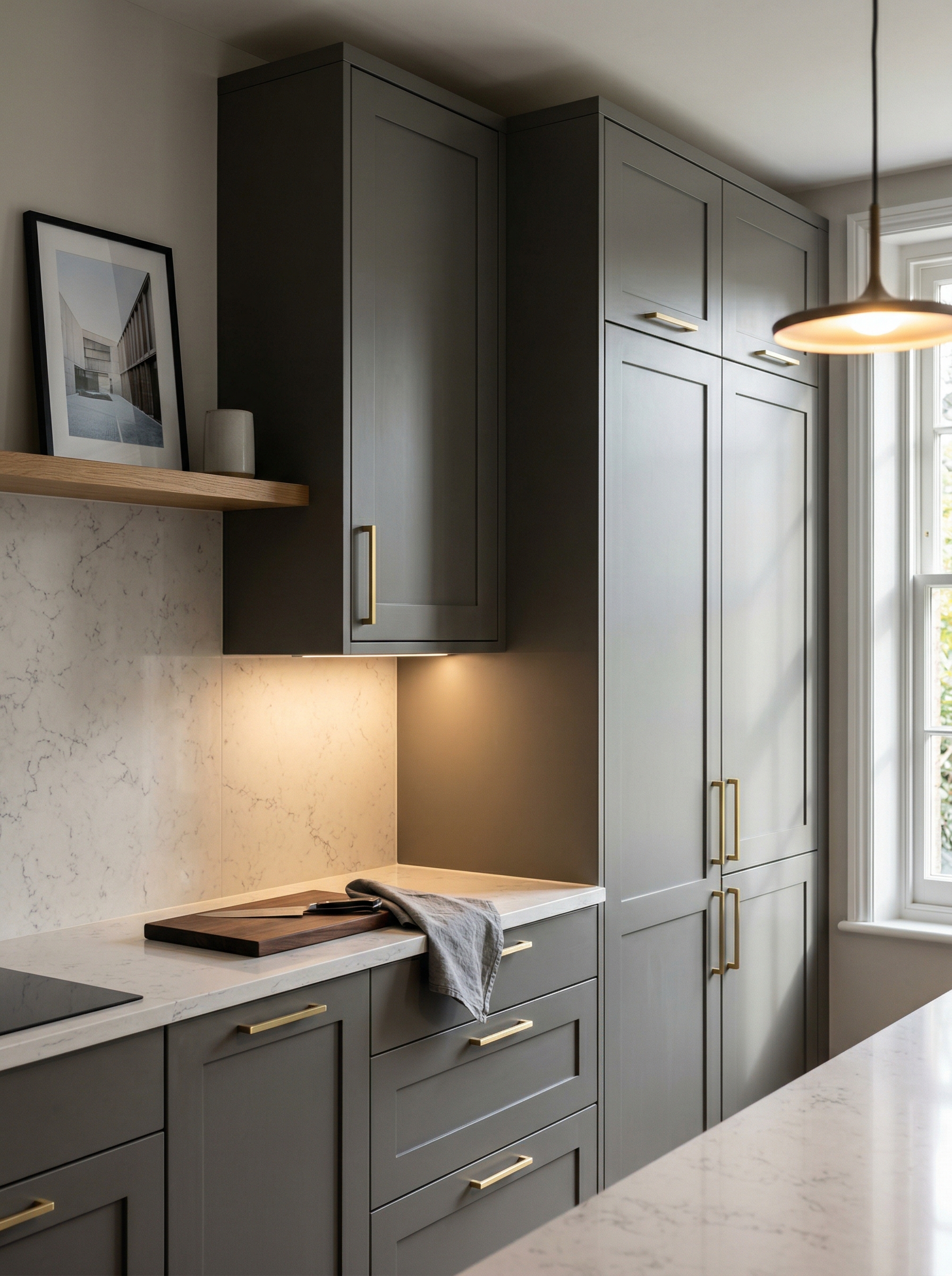 Tall view of full-height bespoke kitchen cabinetry, contemporary painted lay-on cabinetry