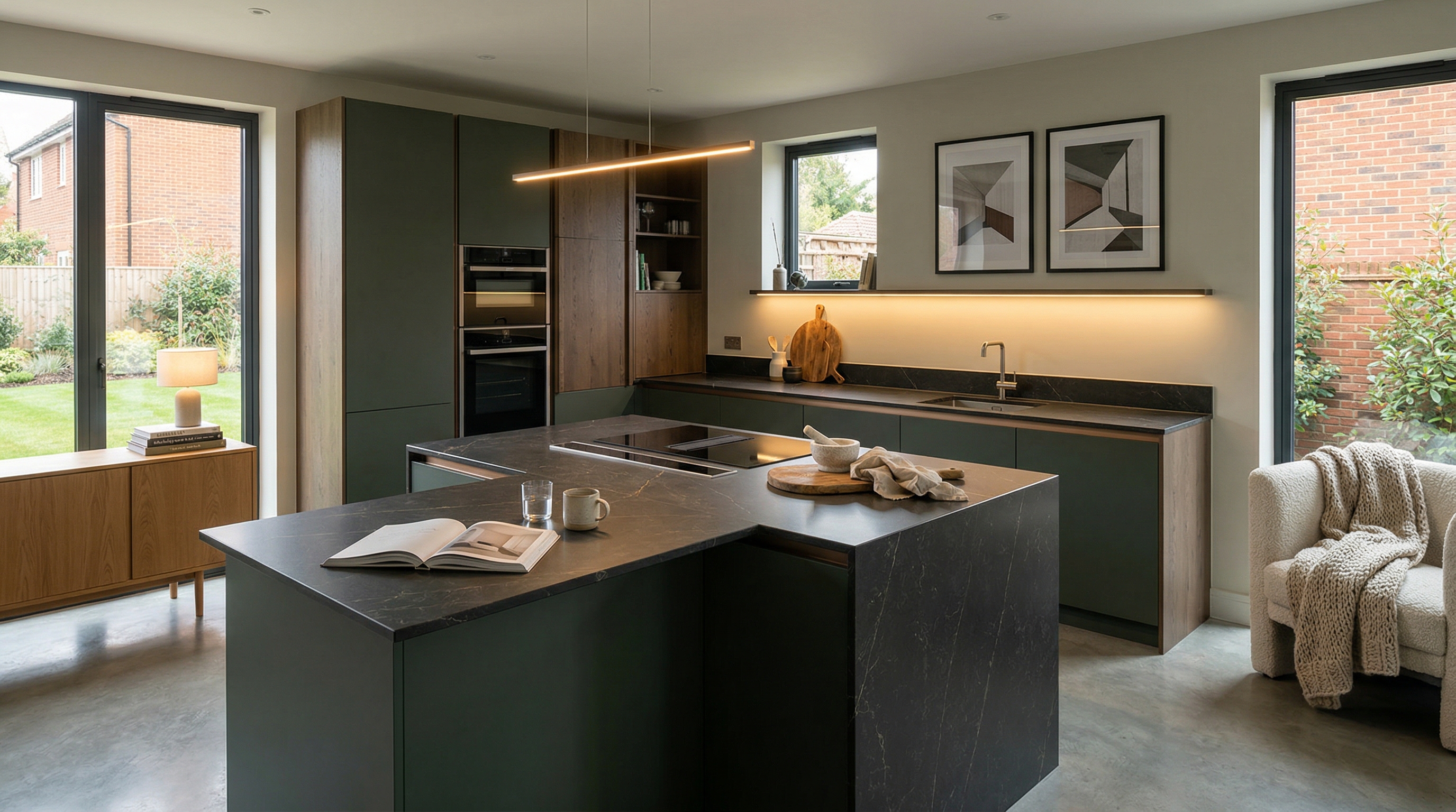 Mastercraft bespoke kitchen in Leighton Buzzard, wide architectural view showing room volume and design quality