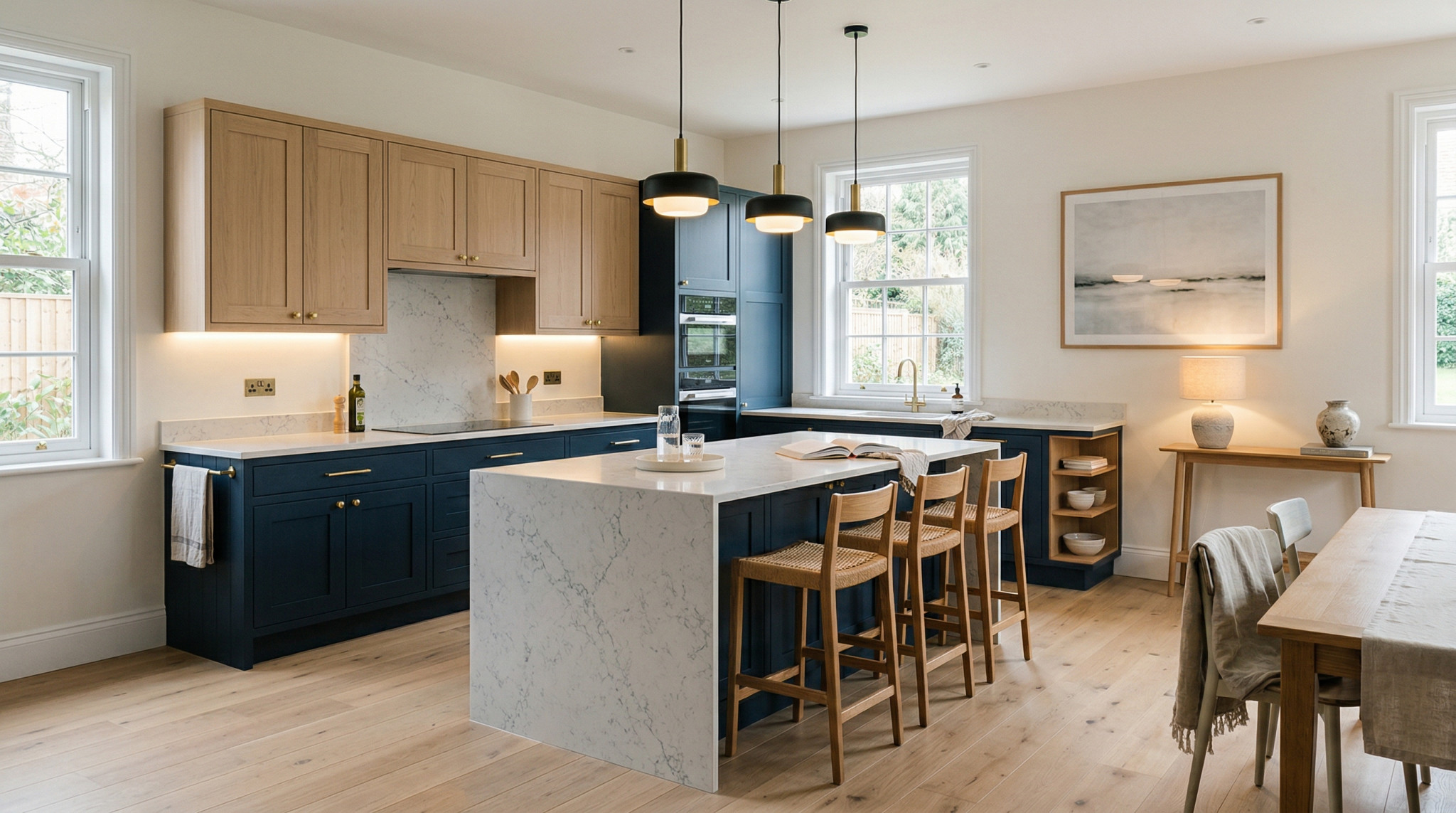 Wide view of a newly completed bespoke Mastercraft kitchen, contemporary painted lay-on cabinetry in mussel tones