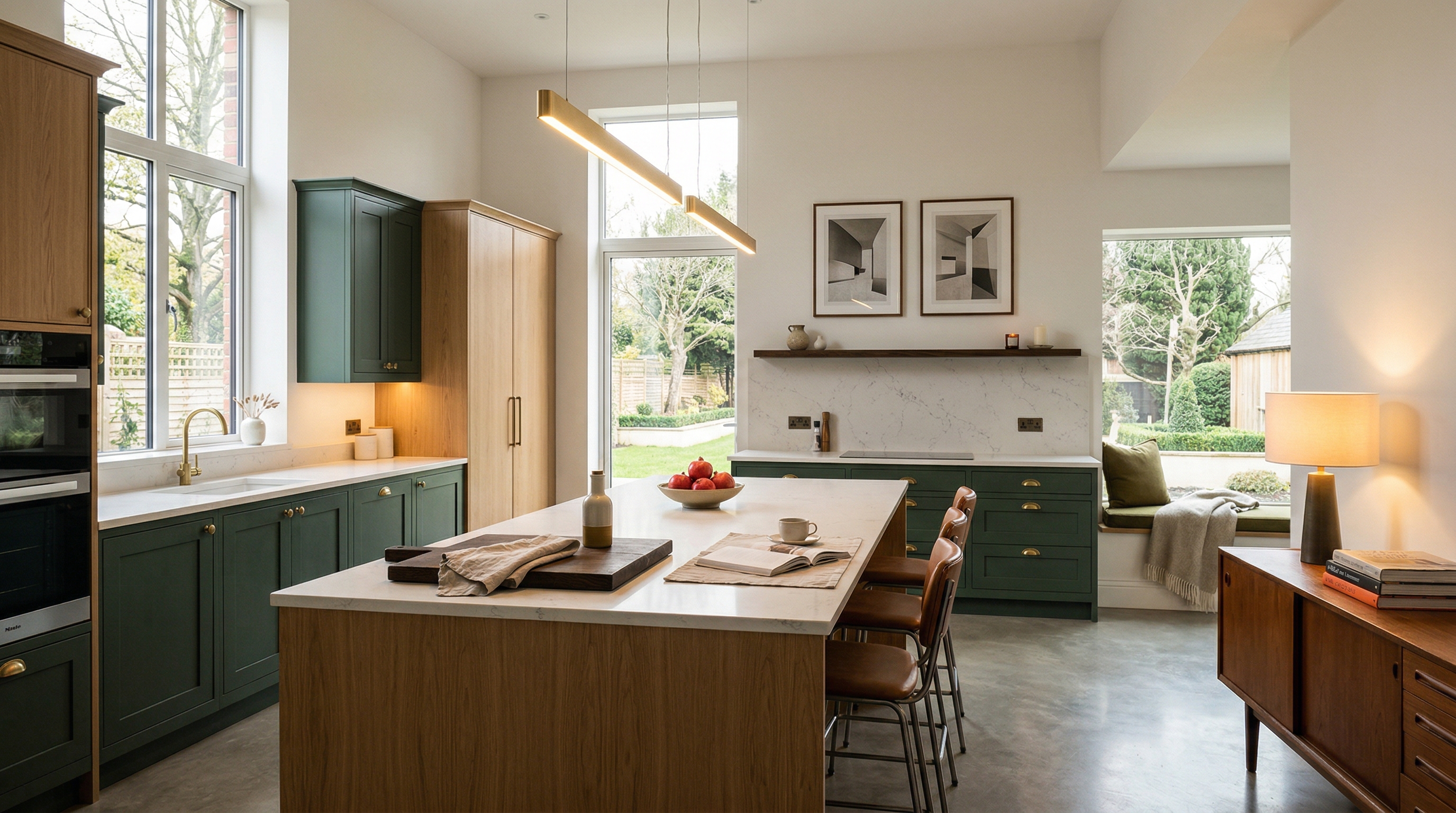 Wide view of a newly completed bespoke Mastercraft kitchen, contemporary painted lay-on cabinetry in heritage green tones